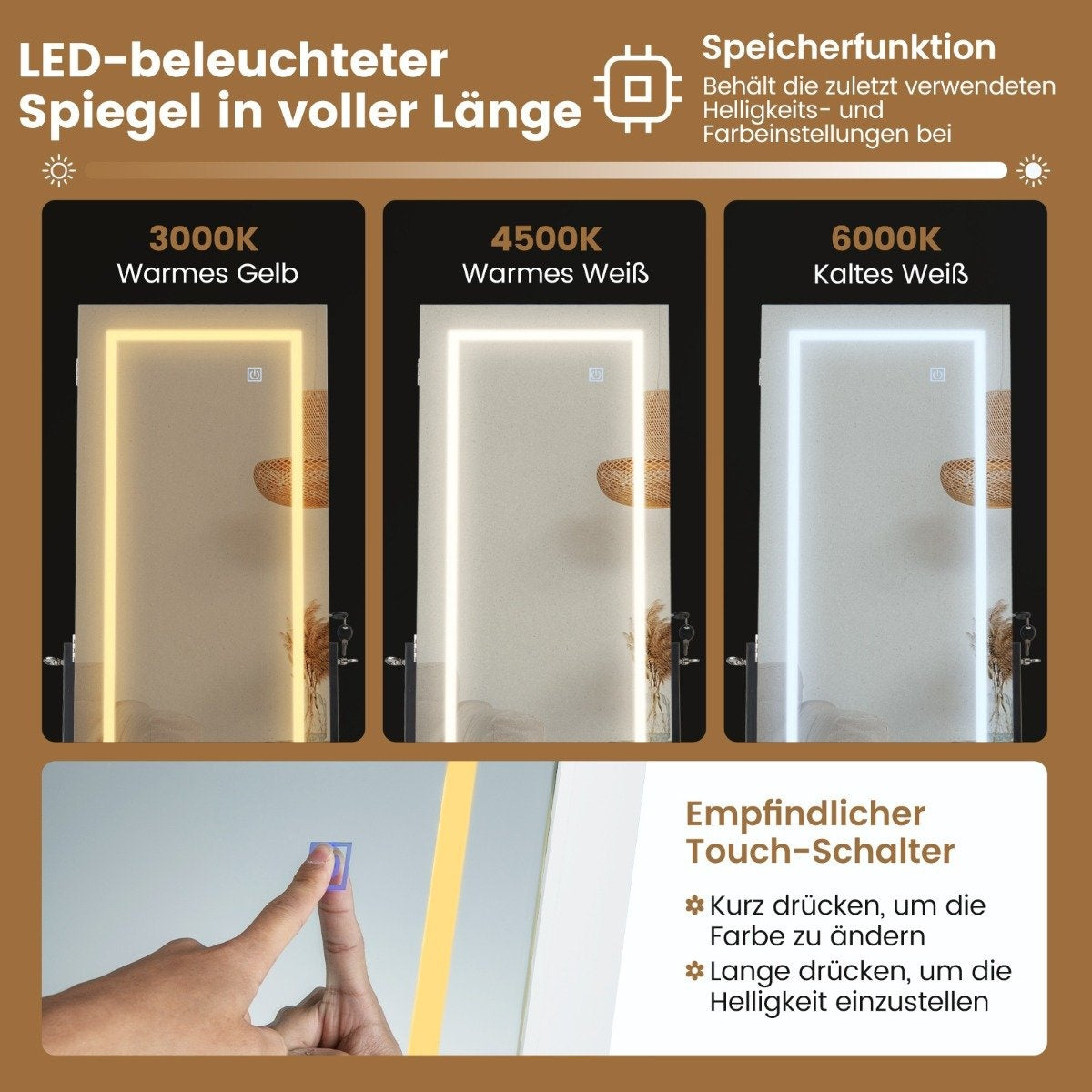 Jewelry cabinet with shelf & full-length mirror & 3 colored LED lights & 2 white drawers