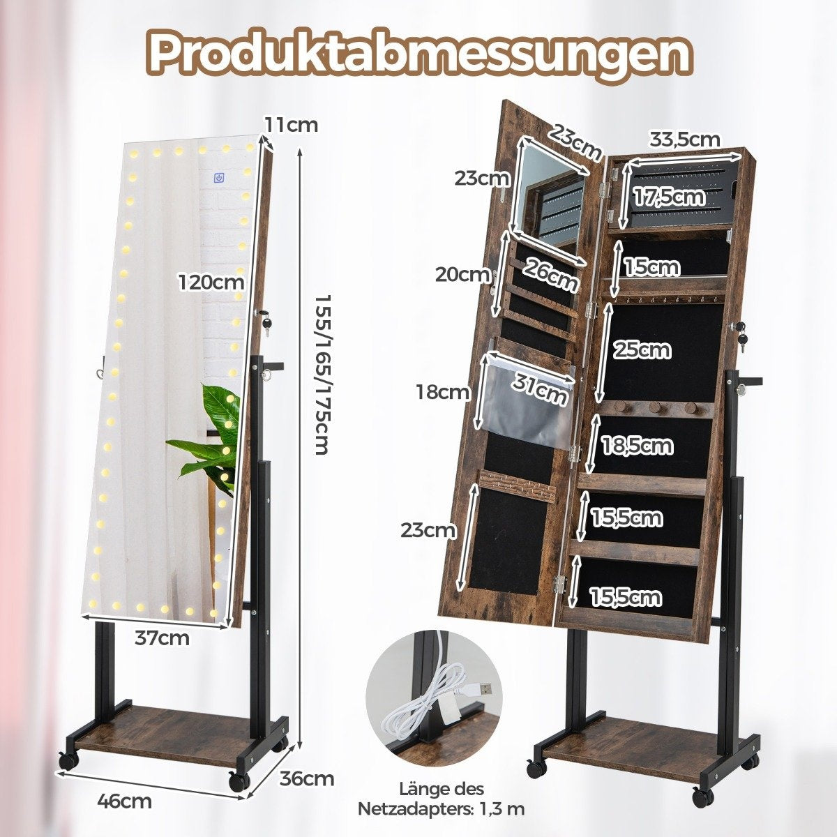 Jewelry cabinet with wheels 4 in 1 mirror cabinet with 3-color LED lights & adjustable height brown