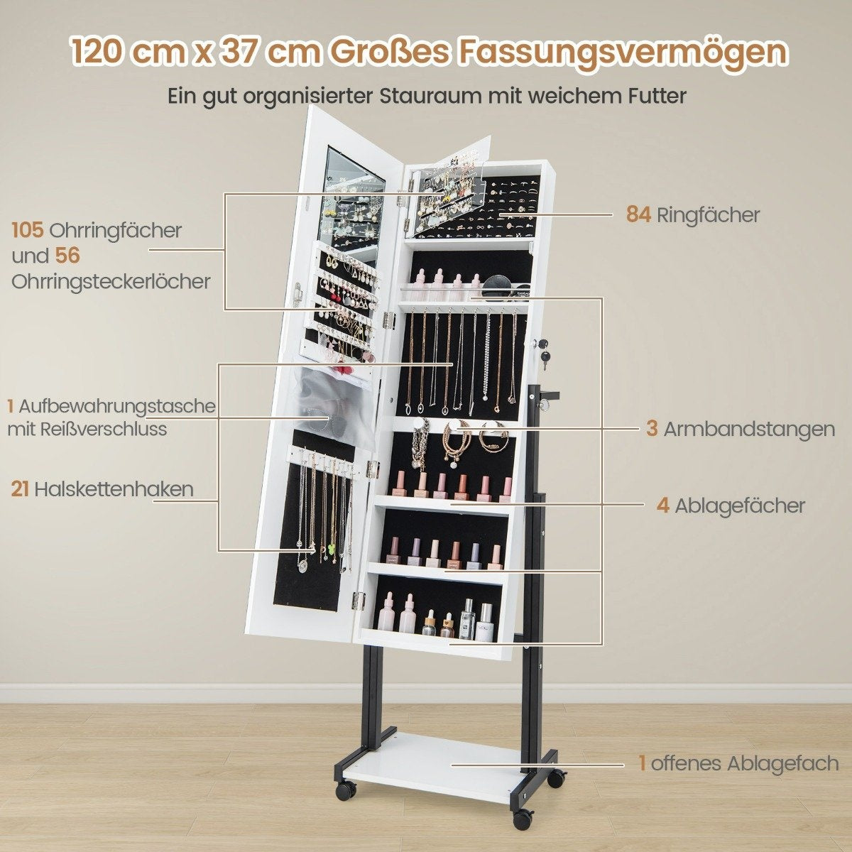 Jewelry cabinet with wheels 4 in 1 mirror cabinet with 3-color LED lights & adjustable height white