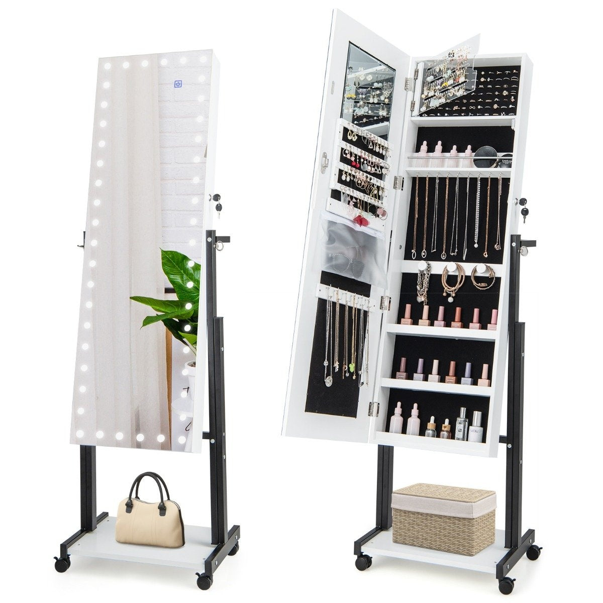 Jewelry cabinet with wheels 4 in 1 mirror cabinet with 3-color LED lights & adjustable height white
