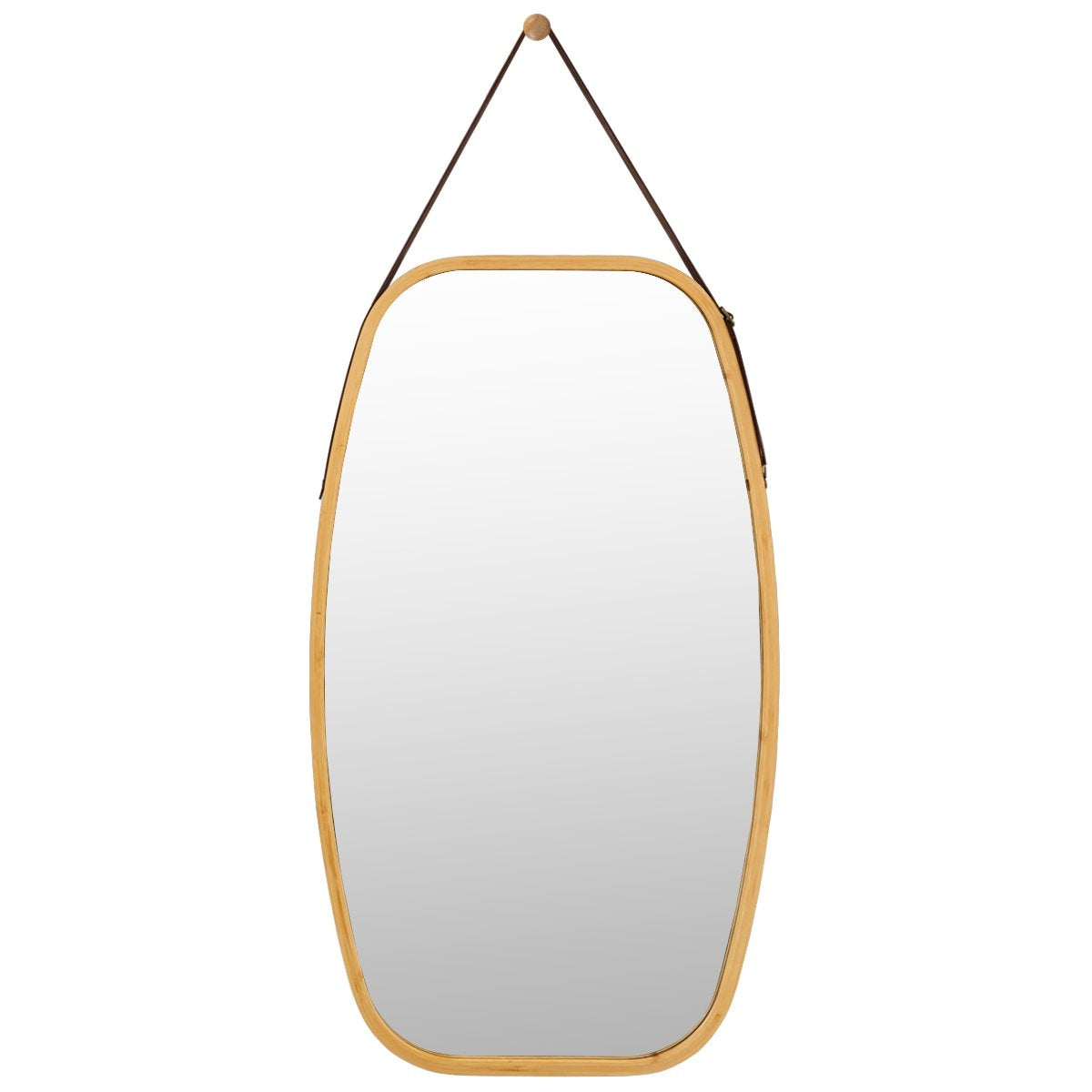 Jewelry mirror with bamboo frame and adjustable leather strap 77 x 44 x 1.5 cm