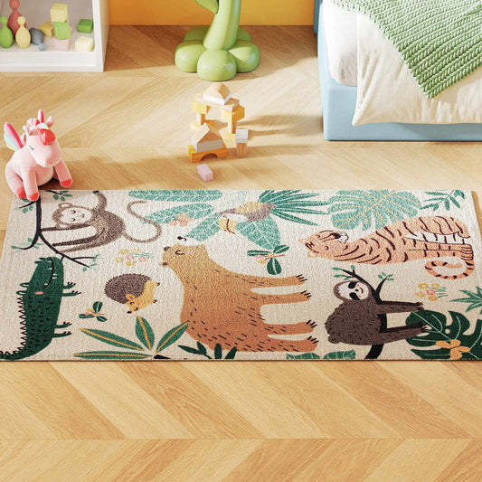 Jungle Pattern Fleece Rug, Easy-Care, Cream/Multi-Colored