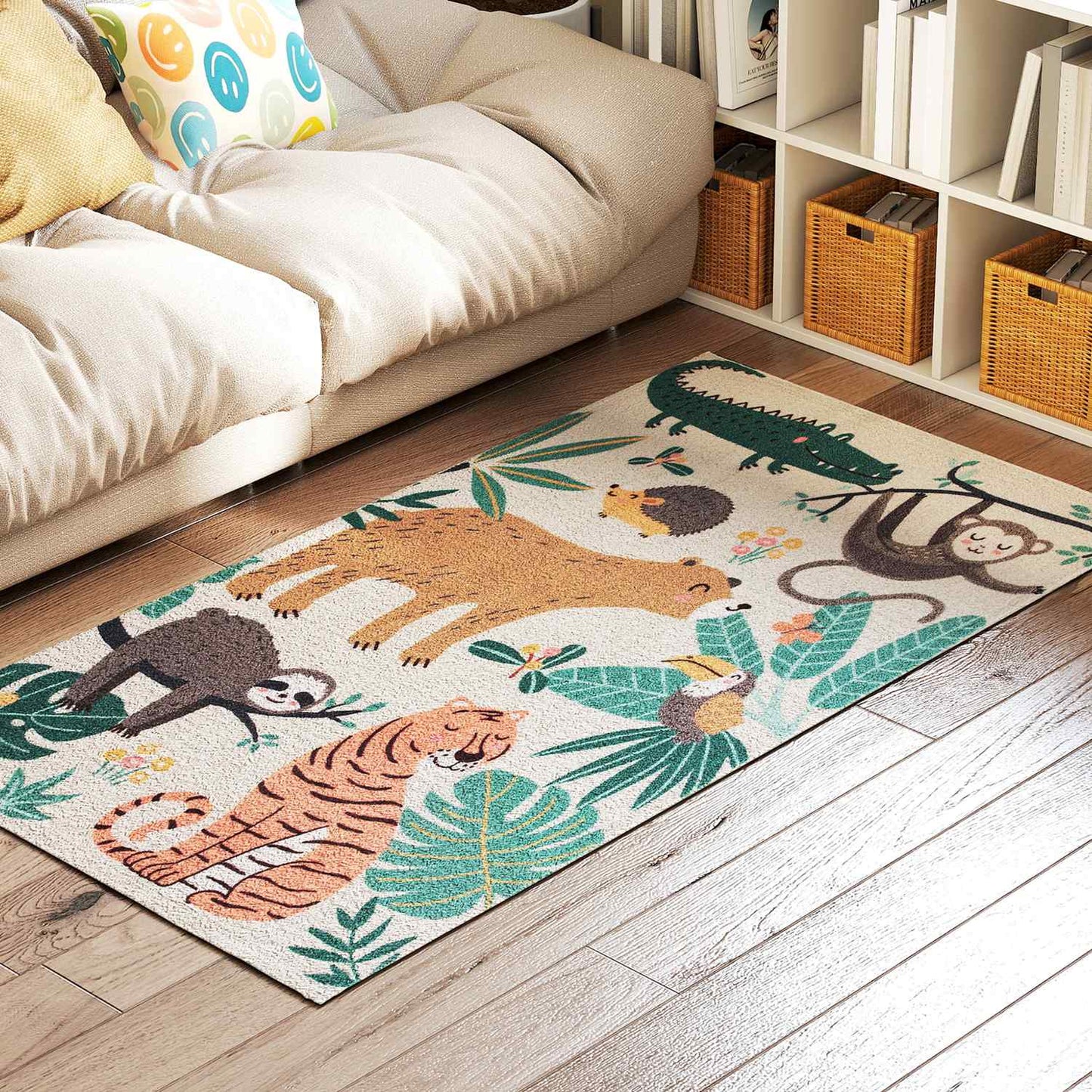 Jungle Pattern Fleece Rug, Easy-Care, Cream/Multi-Colored