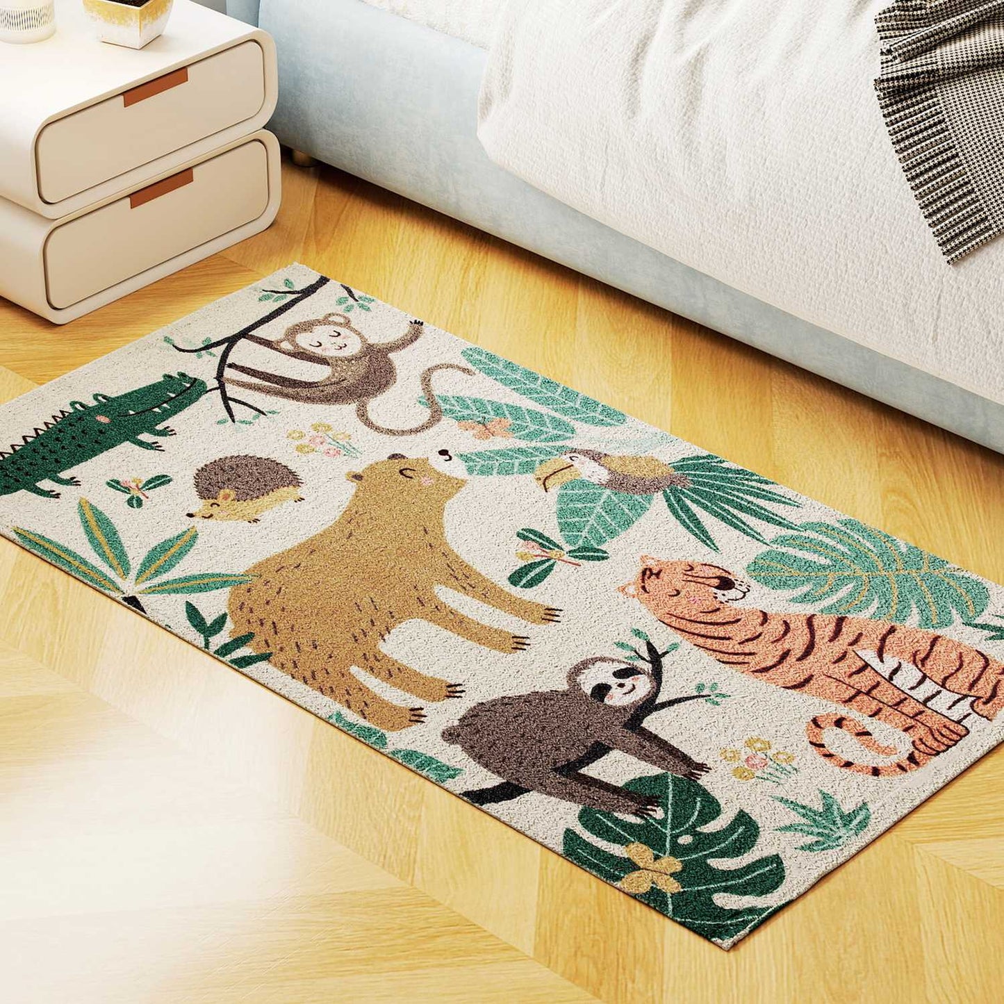 Jungle Pattern Fleece Rug, Easy-Care, Cream/Multi-Colored