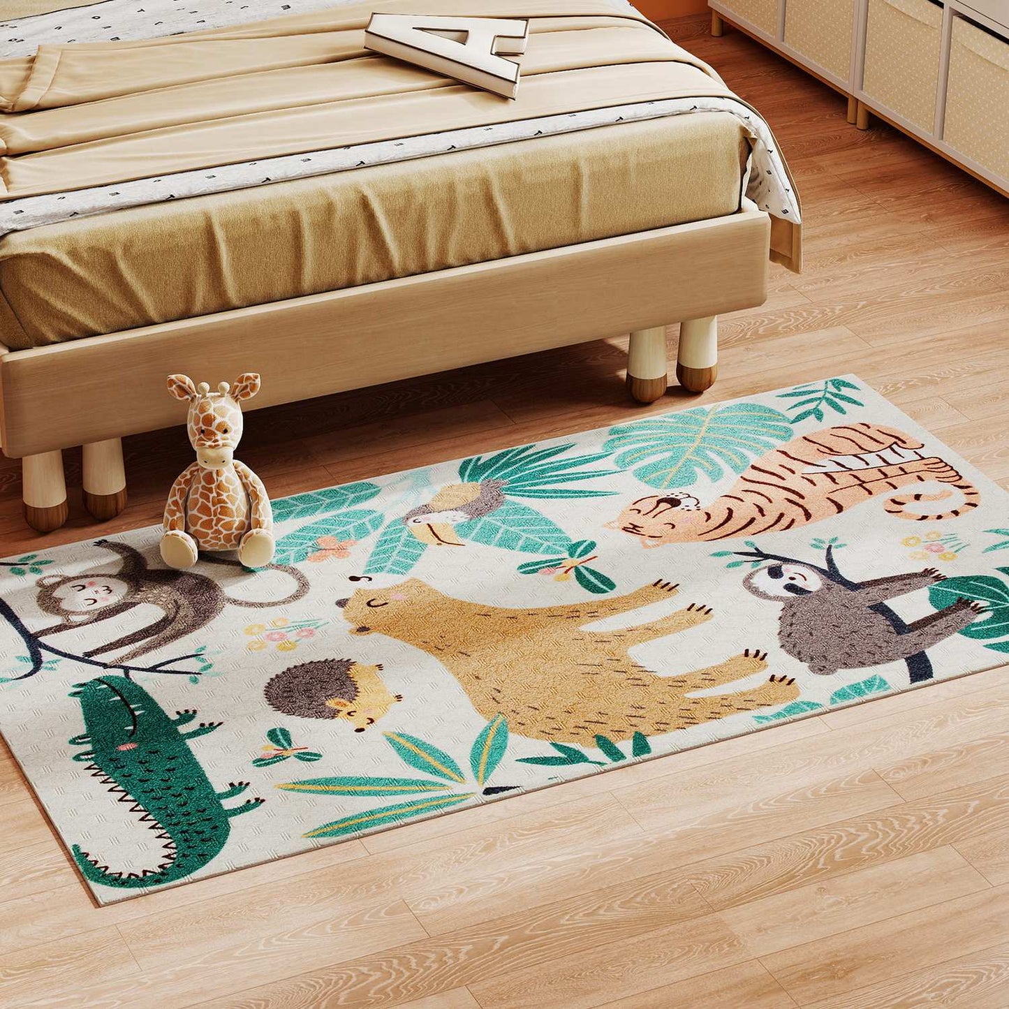 Jungle Pattern Fleece Rug, Easy-Care, Cream/Multi-Colored