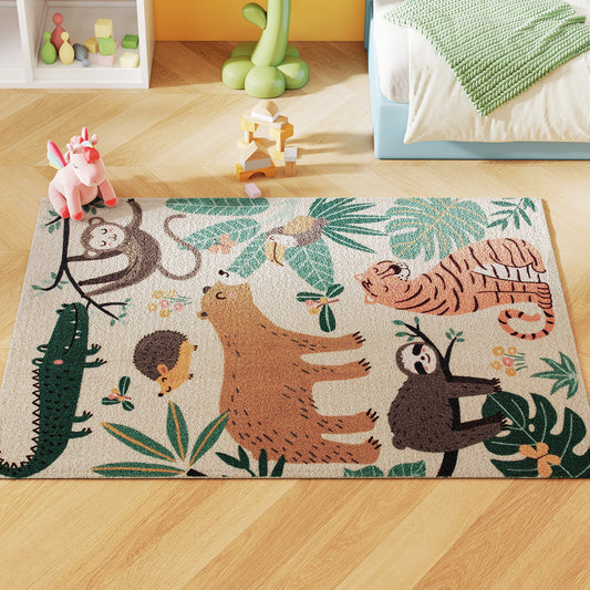 Jungle Pattern Fleece Rug, Non-Slip, Cream & Multicolor