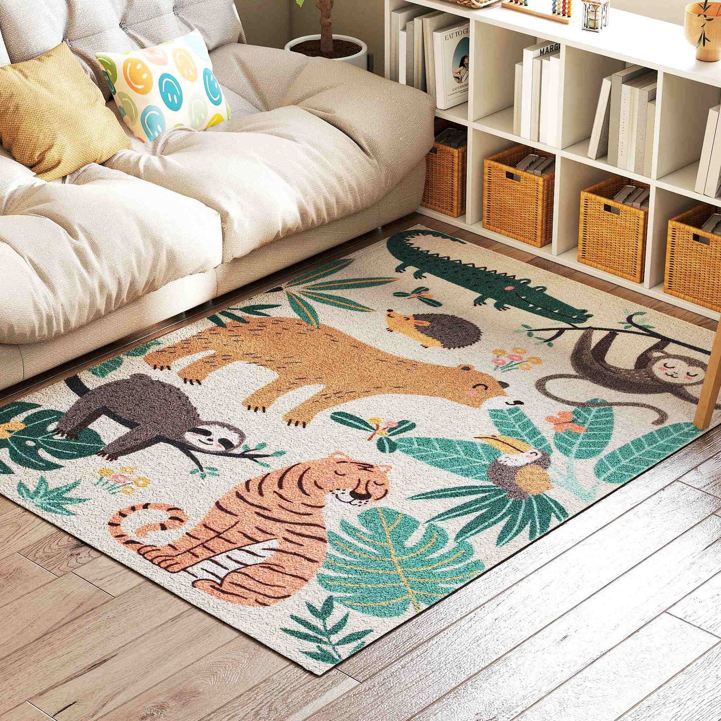 Jungle Pattern Fleece Rug, Non-Slip, Cream & Multicolor
