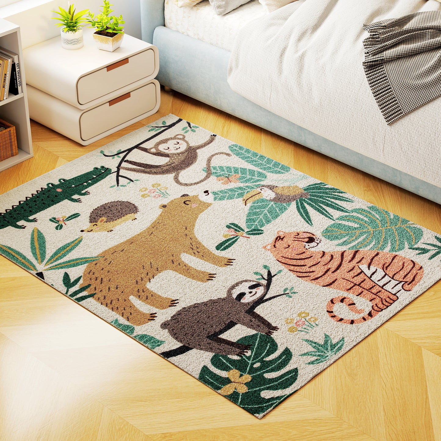 Jungle Pattern Fleece Rug, Non-Slip, Cream & Multicolor