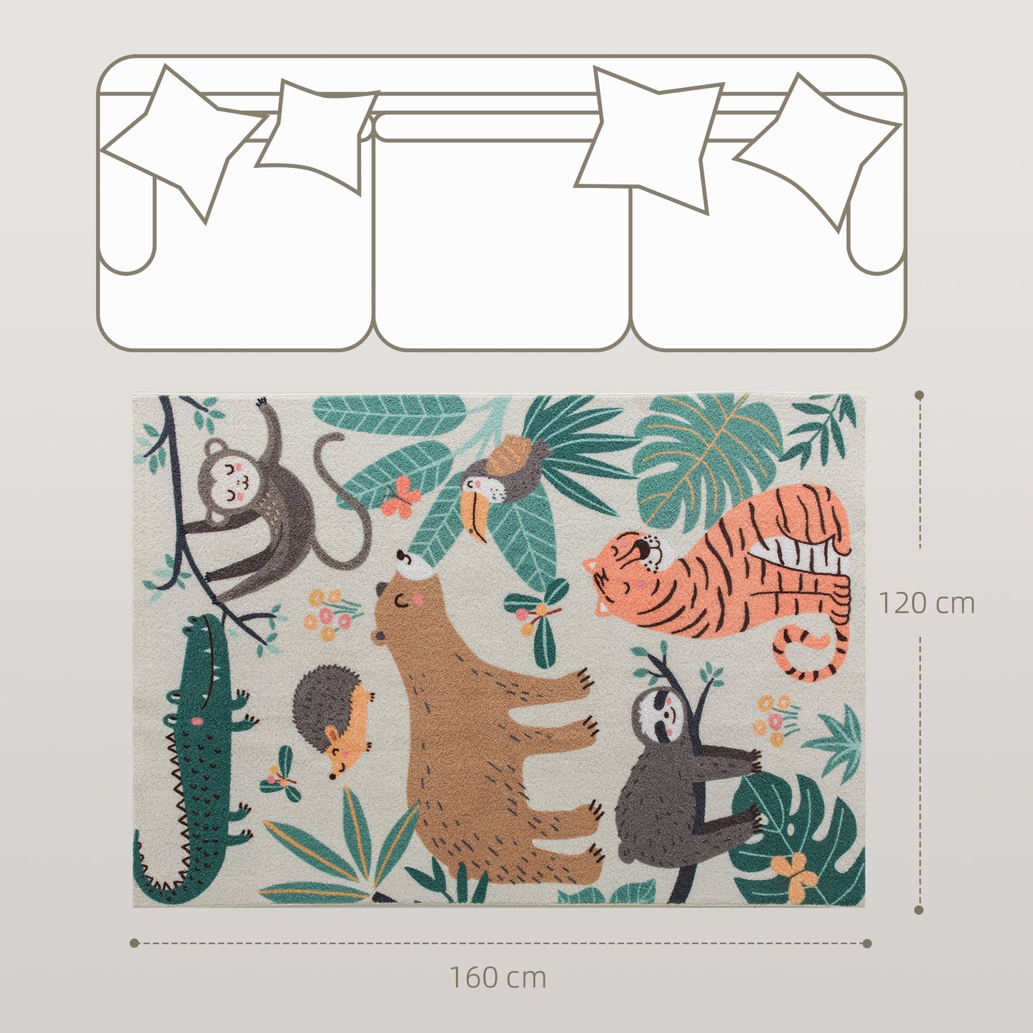 Jungle Pattern Fleece Rug, Non-Slip, Cream & Multicolor
