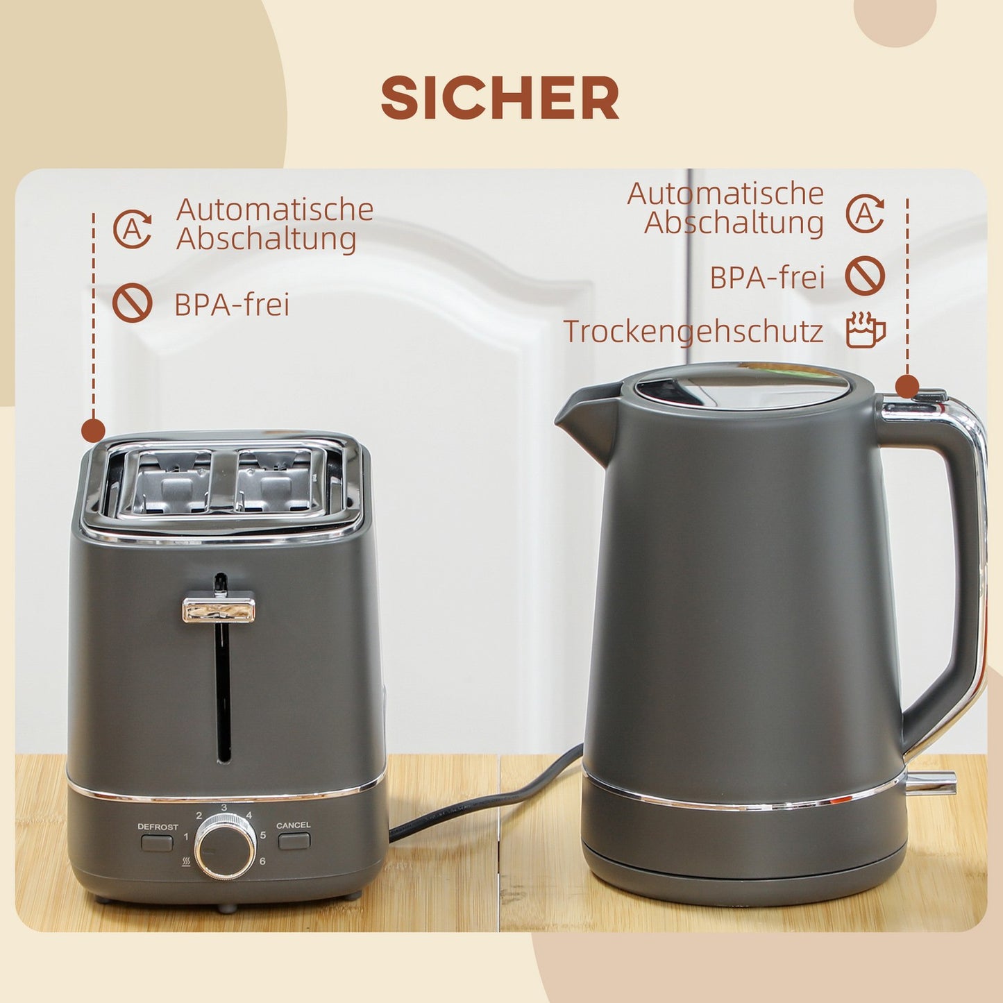 Kettle & Toaster Set, 1.7L, 6 Browning Levels, Gray