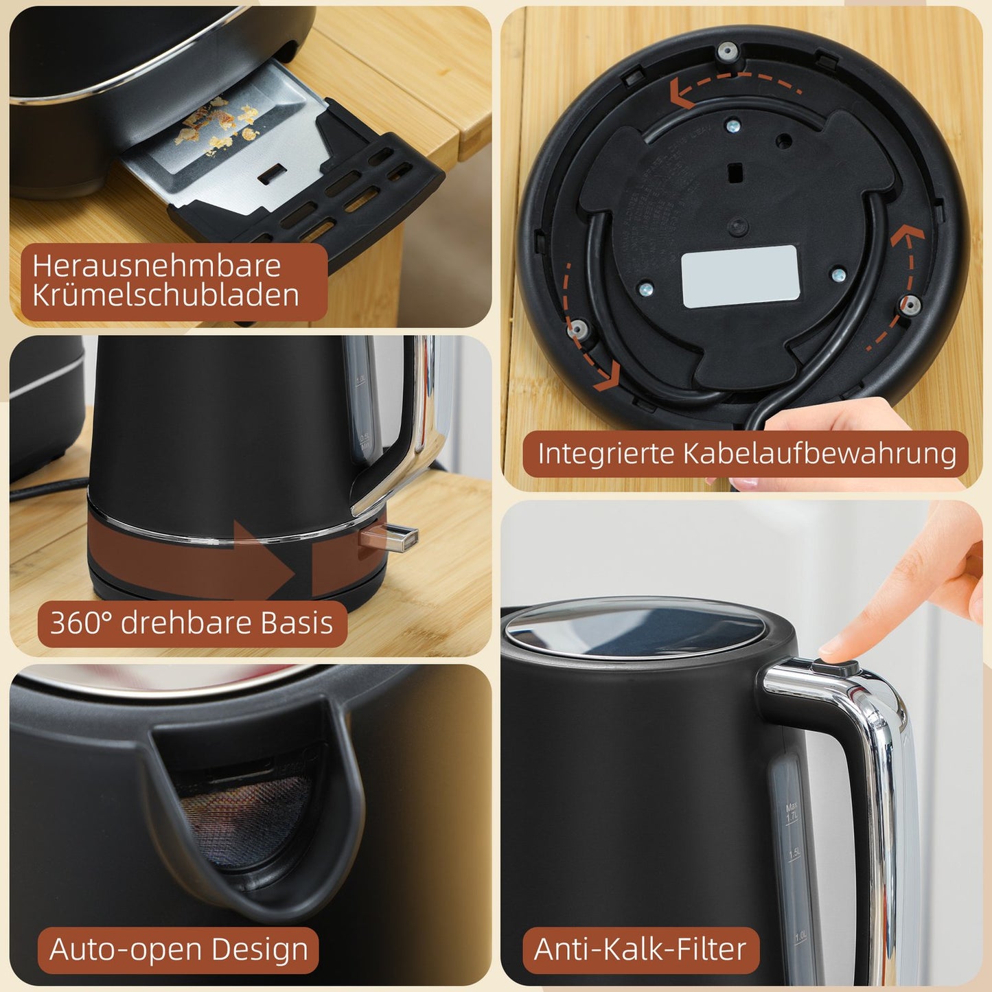 Kettle and Toaster Set - 2200W, 1.7L, 6 Levels Browning, Black
