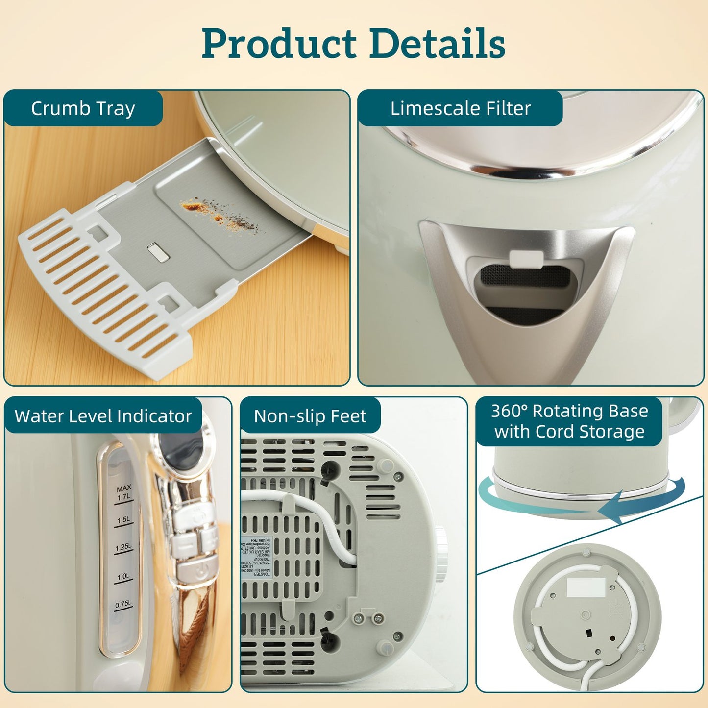 Kettle and Toaster Set, LED Display, 1.7L, 2200W, Grey