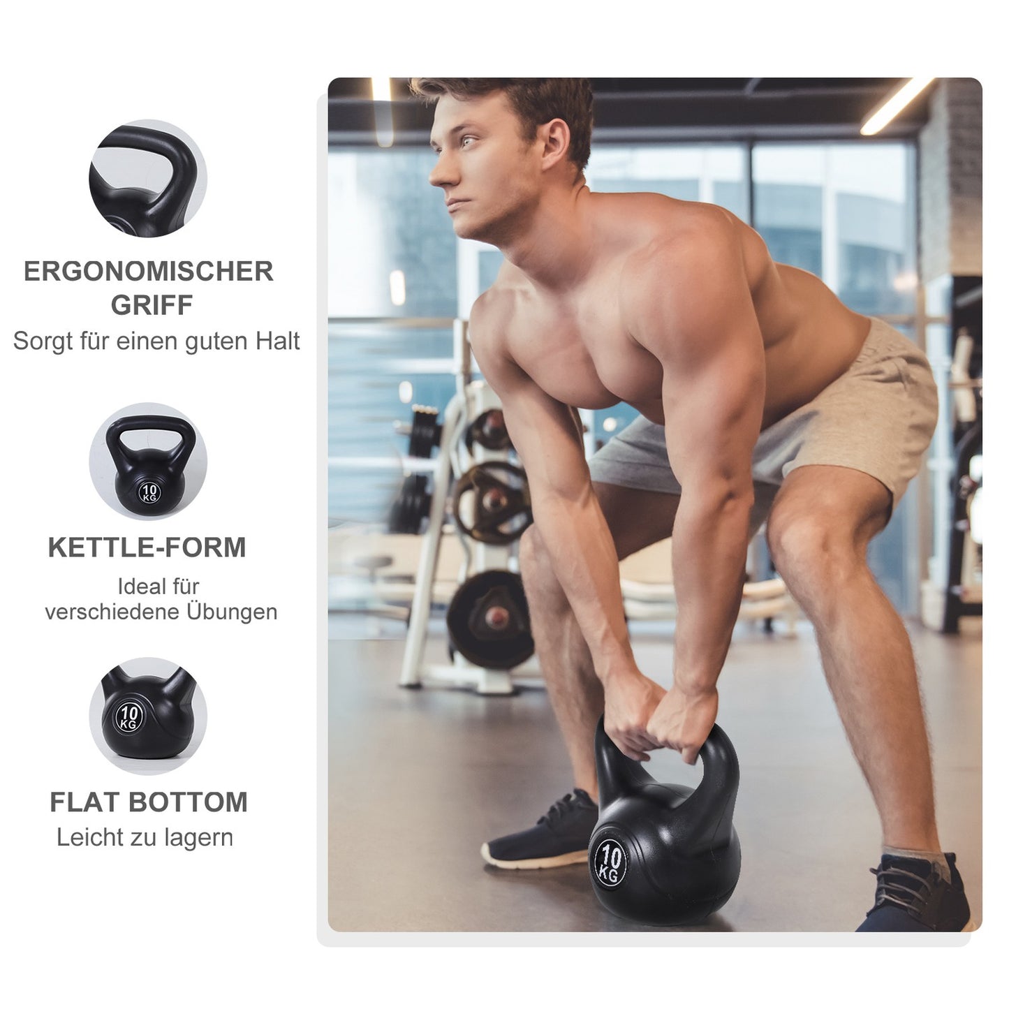 Kettlebell 10kg, Sand-Filled, Black, Beginner-Friendly