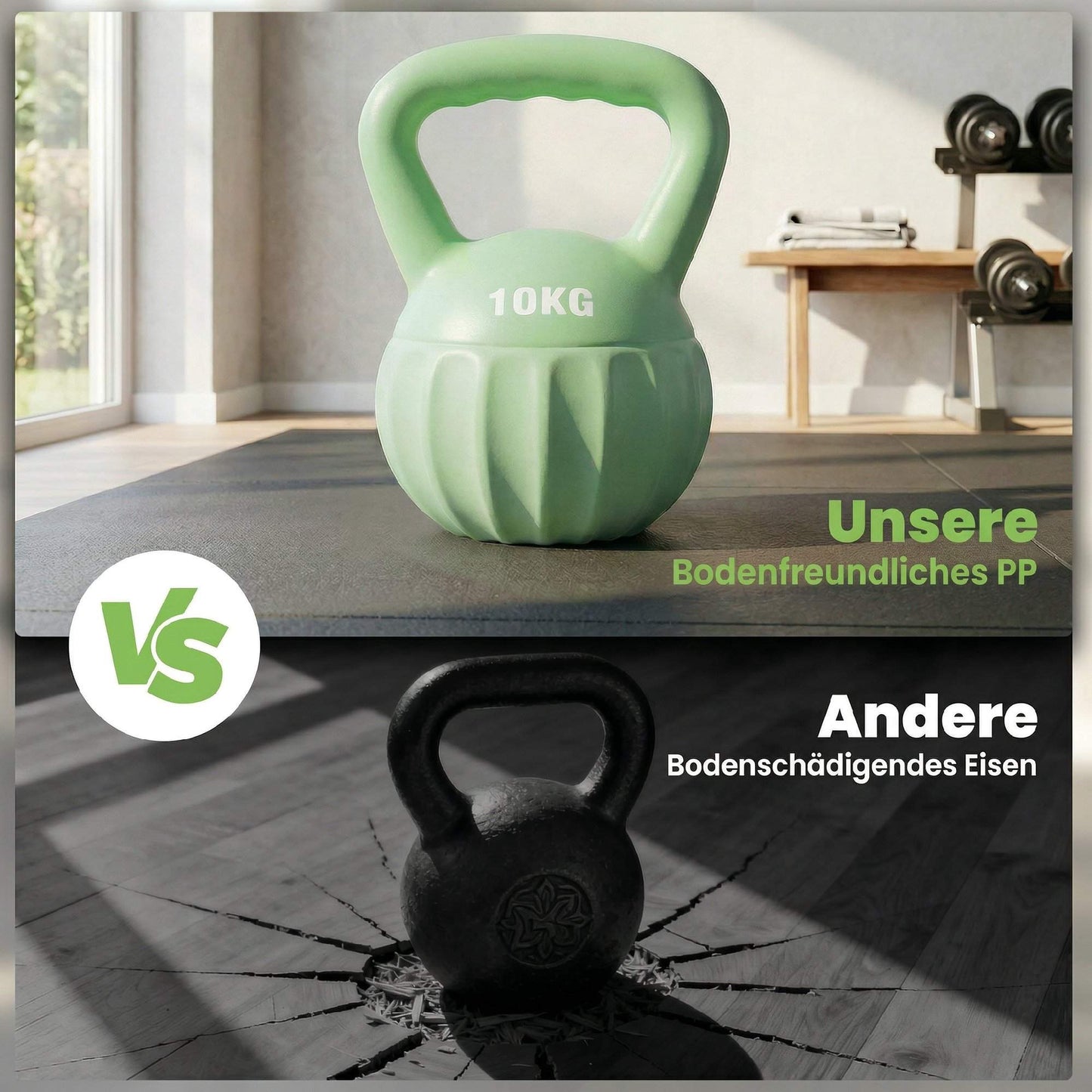 Kettlebell 10kg Sand-Filled, Non-Slip Grip, Green