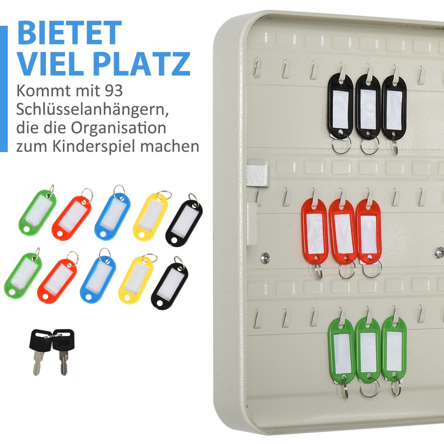 Lockable steel key cabinet, 93 hooks, cream white, 30x24x7.5 cm