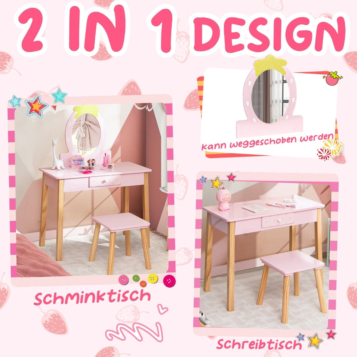 Kids' 2-in-1 Vanity Set with Stool & Mirror, Wood