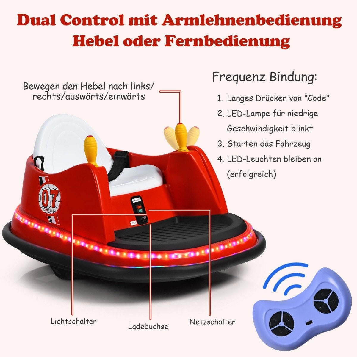 Kids' 6V Electric Bumper Car with Lights, Red, 57x75x42 cm