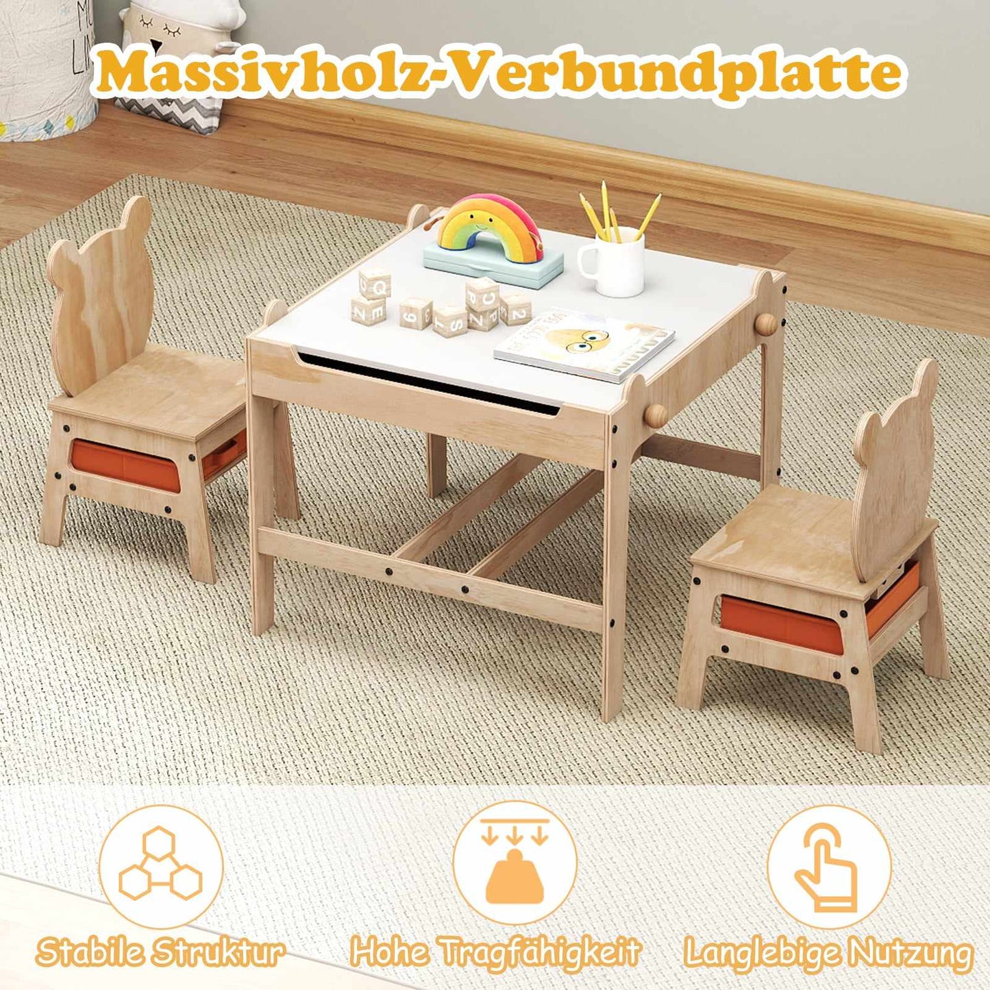 Kids Activity Table Set with Panda Chairs, 4-in-1 Design