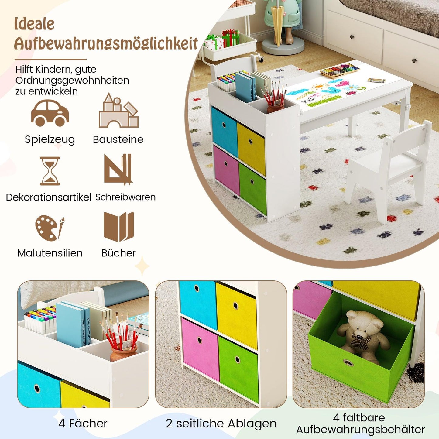 Kids Art Table Set with 2 Chairs, Paper Roll Holder, White