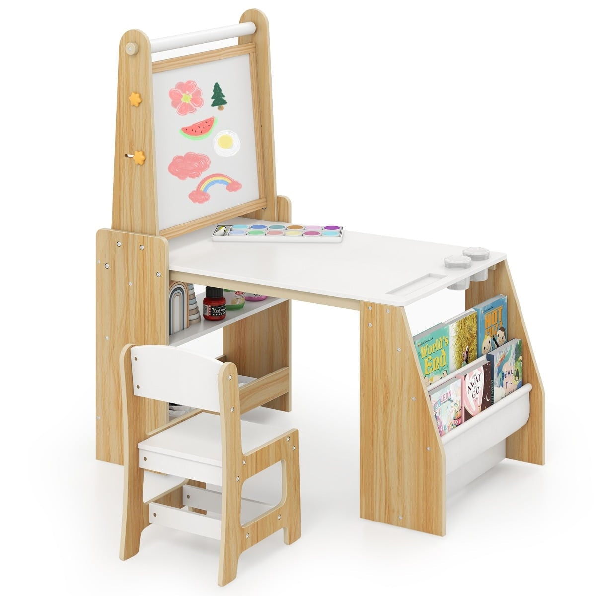 Kids Art Table and Chair Set with Easel, Whiteboard, Chalkboard