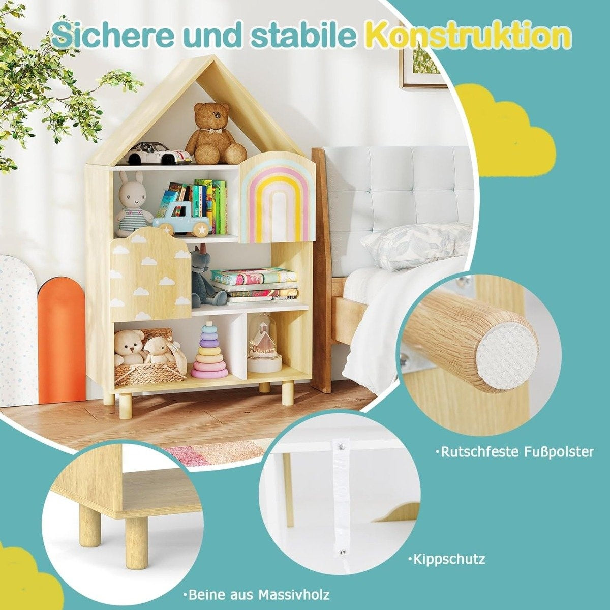Kids Bookshelf with 2 Doors, Solid Wood Legs, 5 Shelves