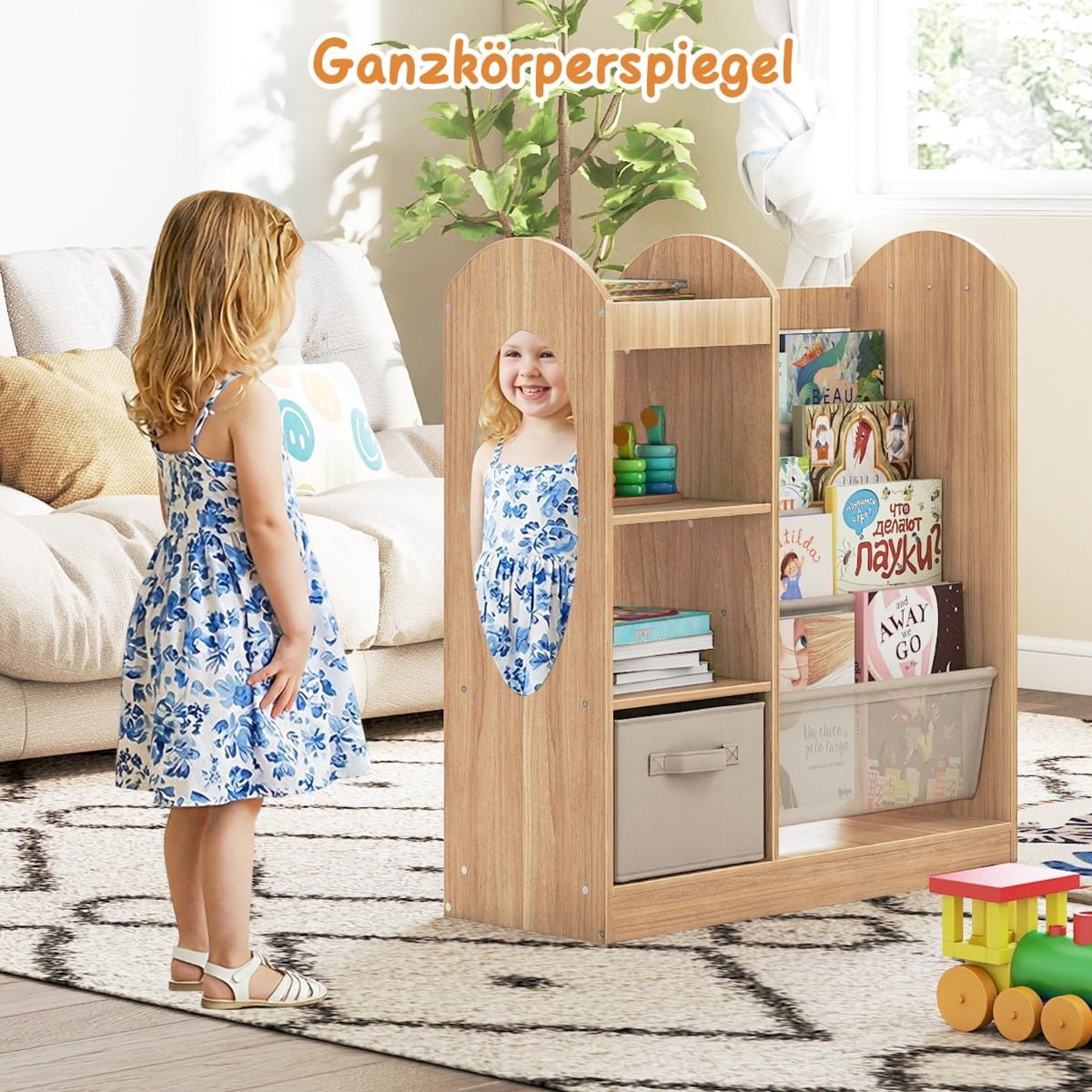 Kids Bookshelf with Mirror and Toy Storage Organizer