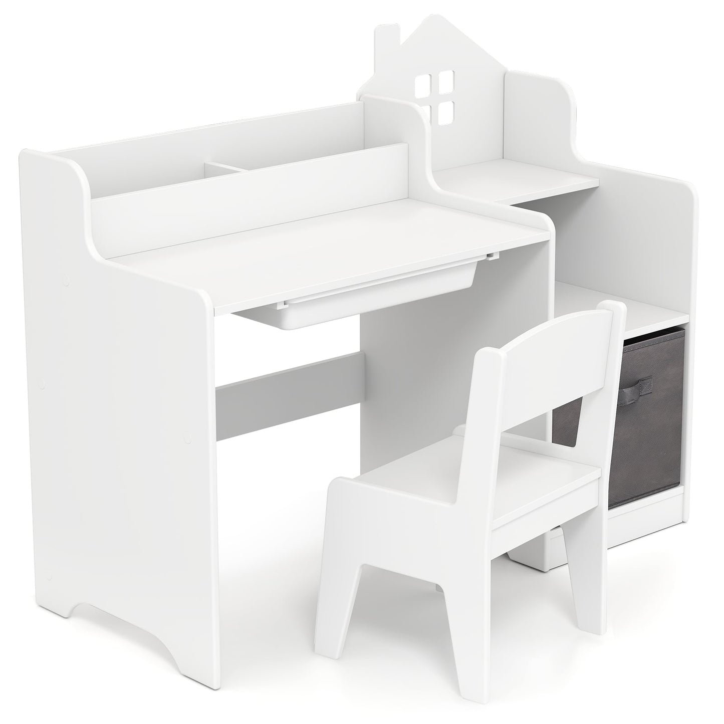 Kids Desk and Chair Set with Shelves and Drawer, White