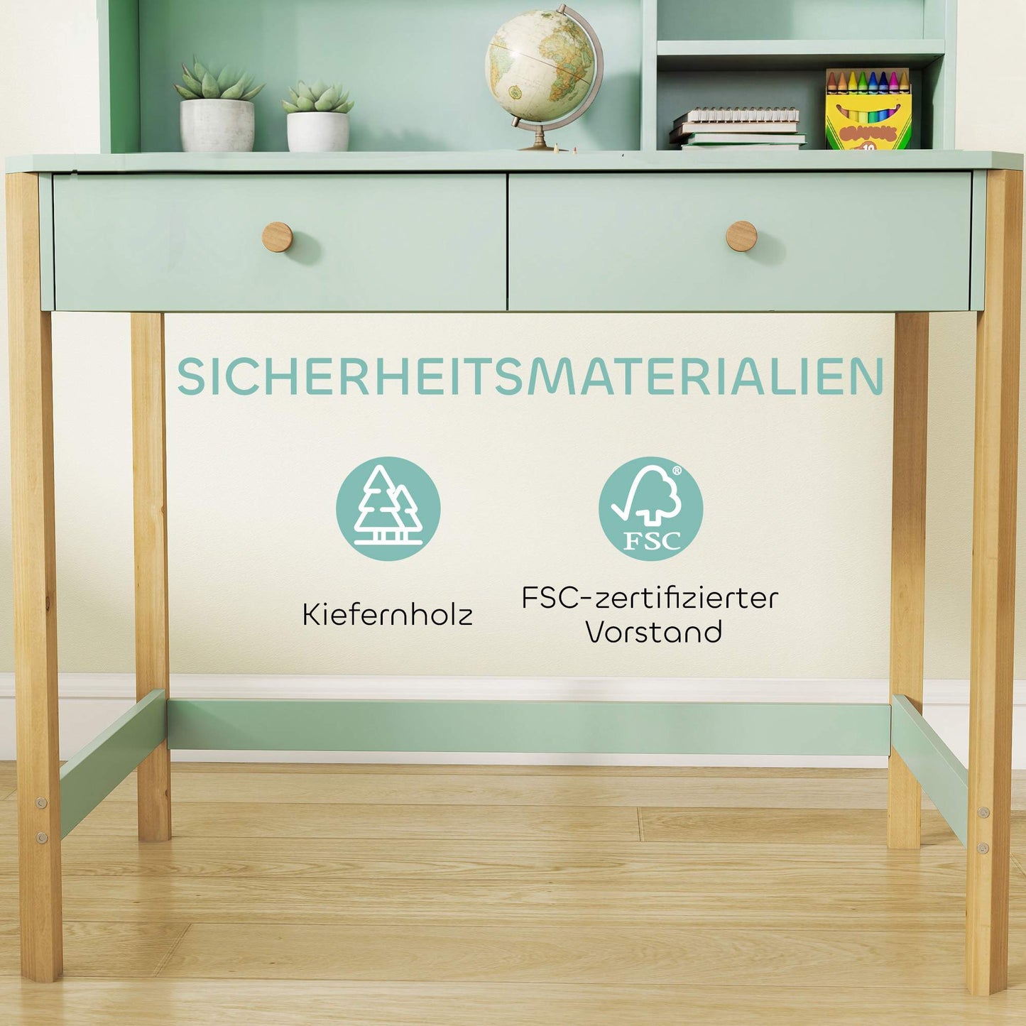 Kids Desk with Storage, Green & Natural, 90x52x105 cm