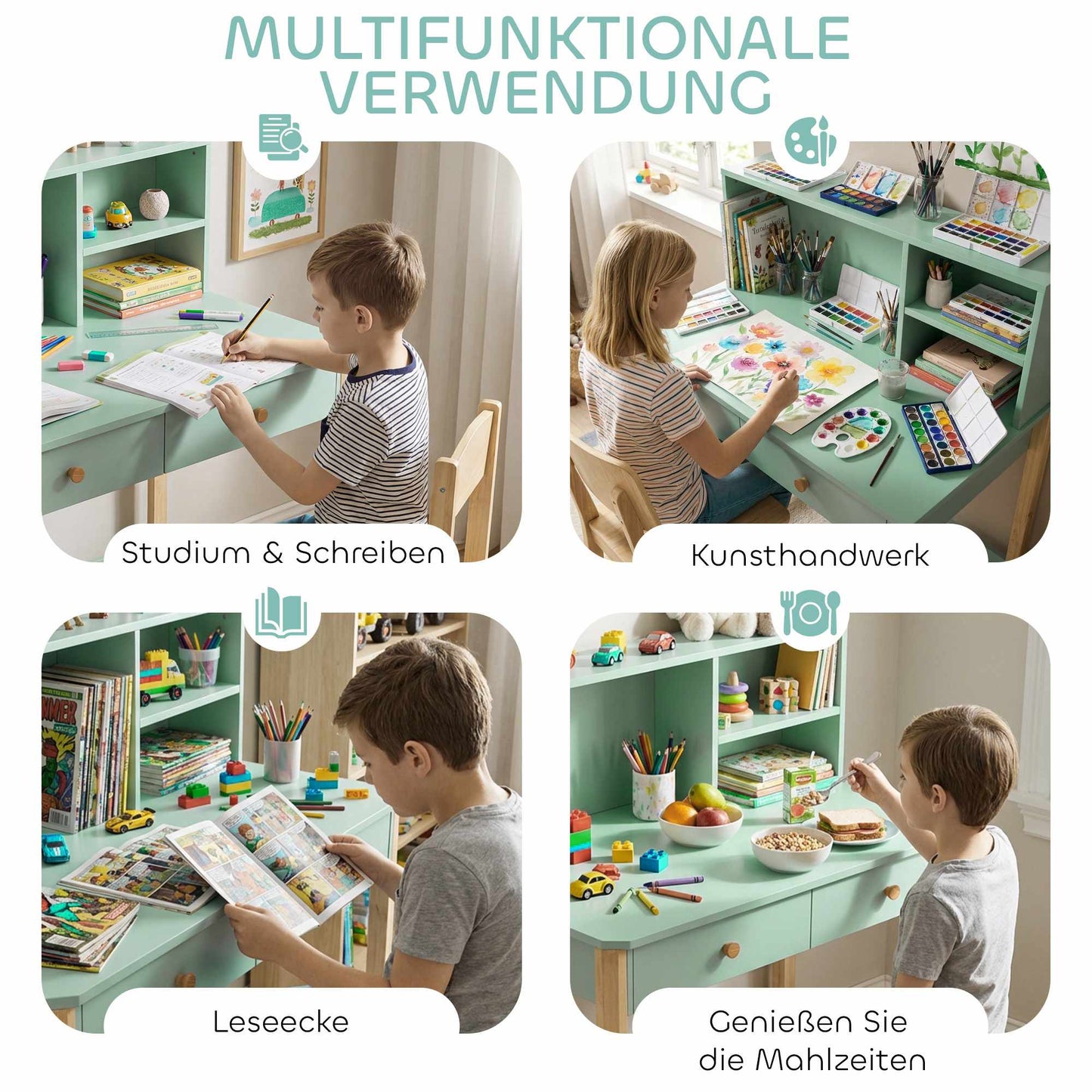 Kids Desk with Storage, Green & Natural, 90x52x105 cm