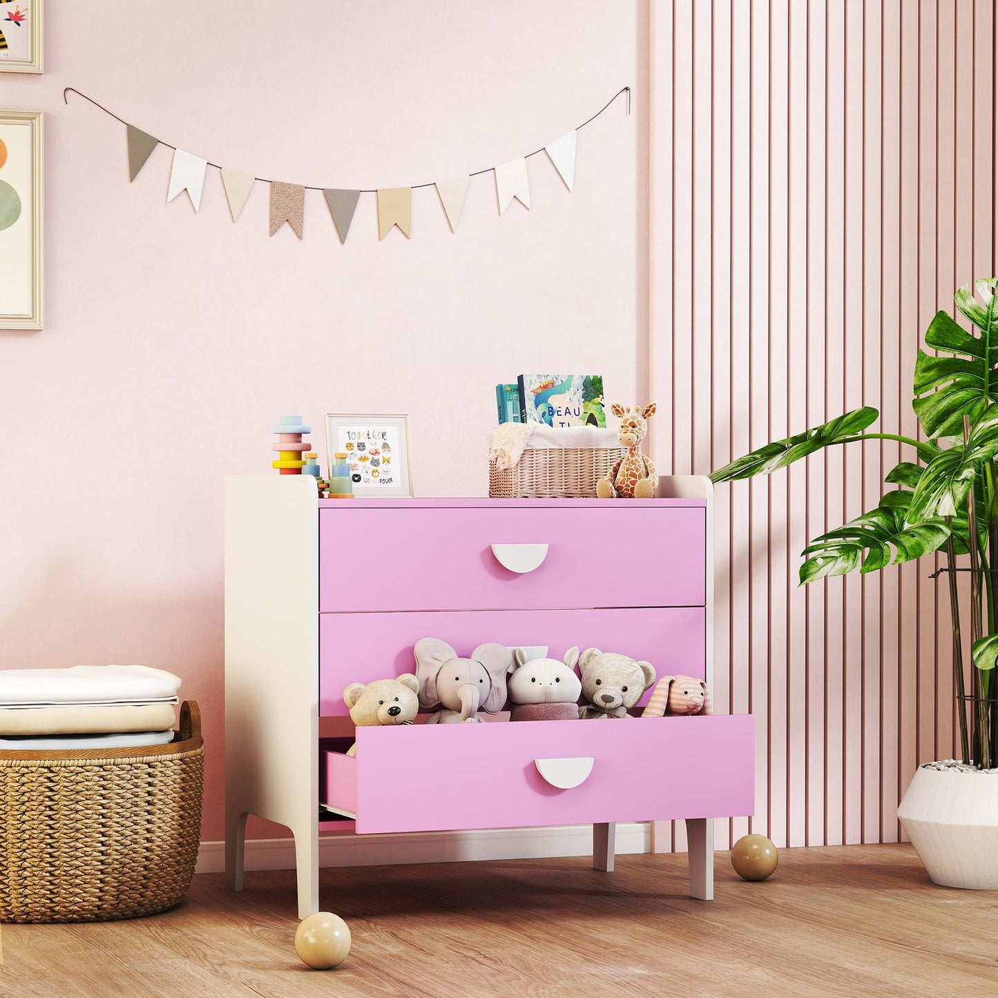Kids' Dresser with 3 Drawers, MDF, Pink and White