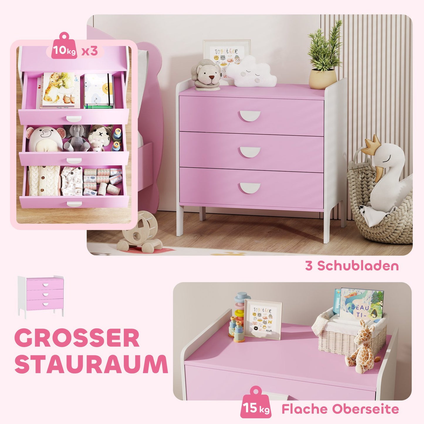 Kids' Dresser with 3 Drawers, MDF, Pink and White