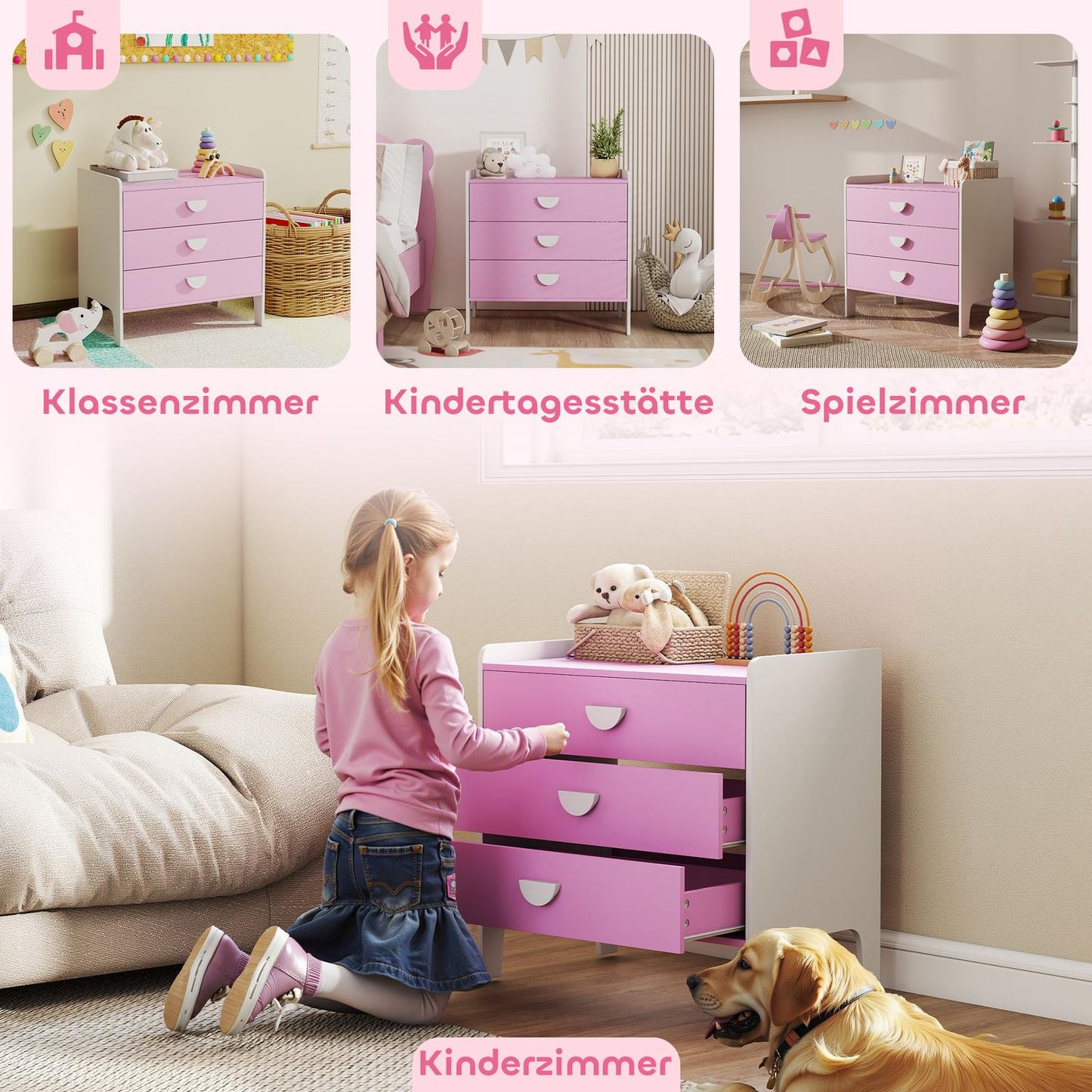 Kids' Dresser with 3 Drawers, MDF, Pink and White