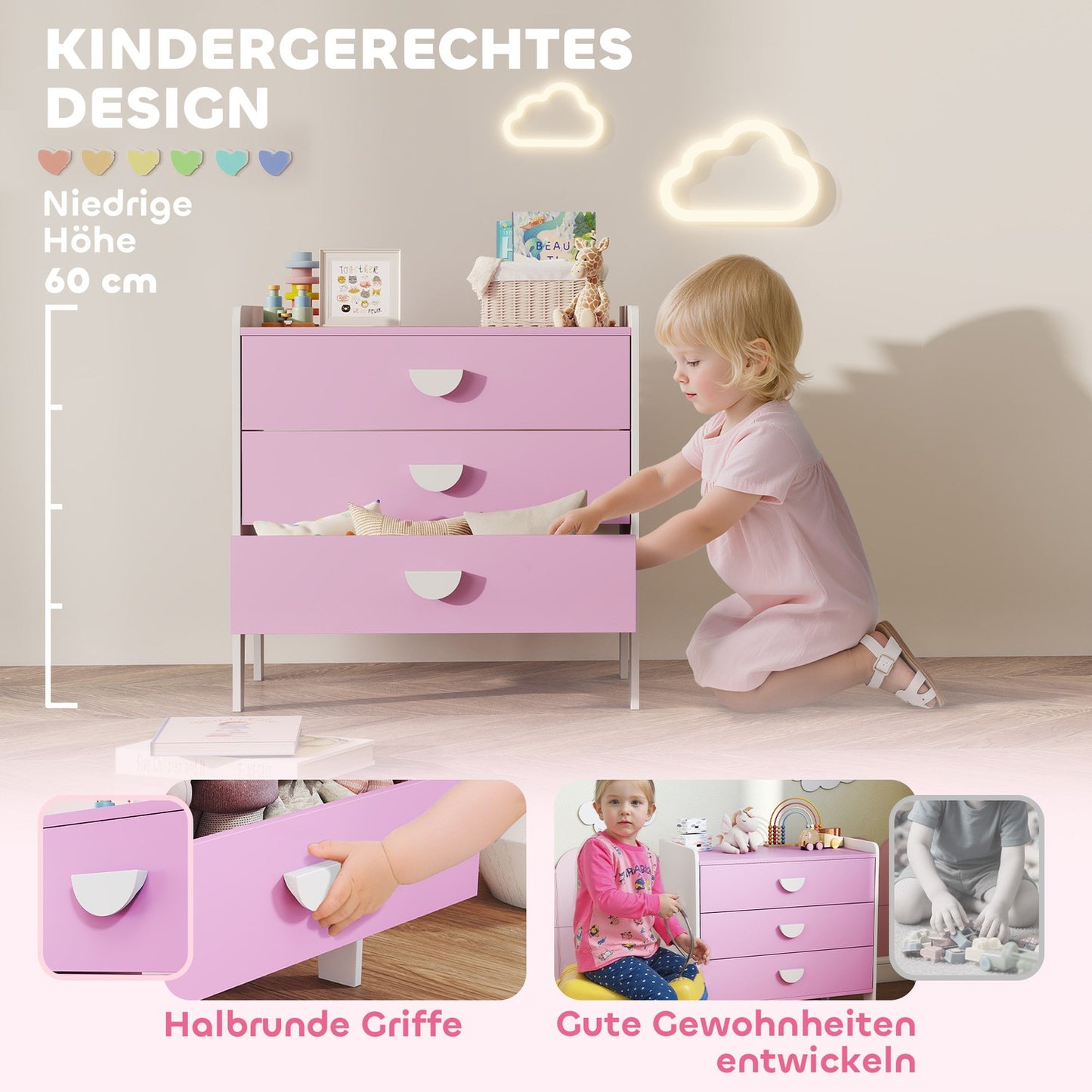 Kids' Dresser with 3 Drawers, MDF, Pink and White