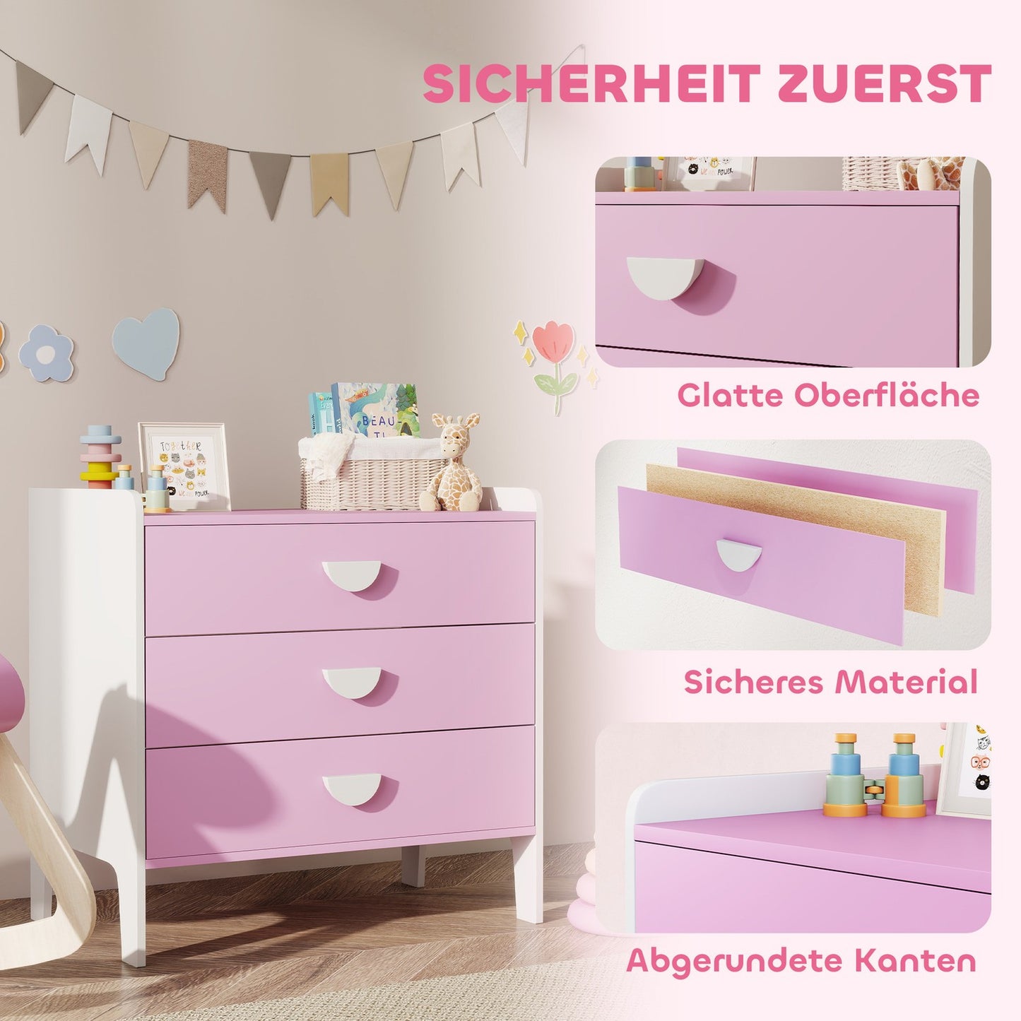 Kids' Dresser with 3 Drawers, MDF, Pink and White