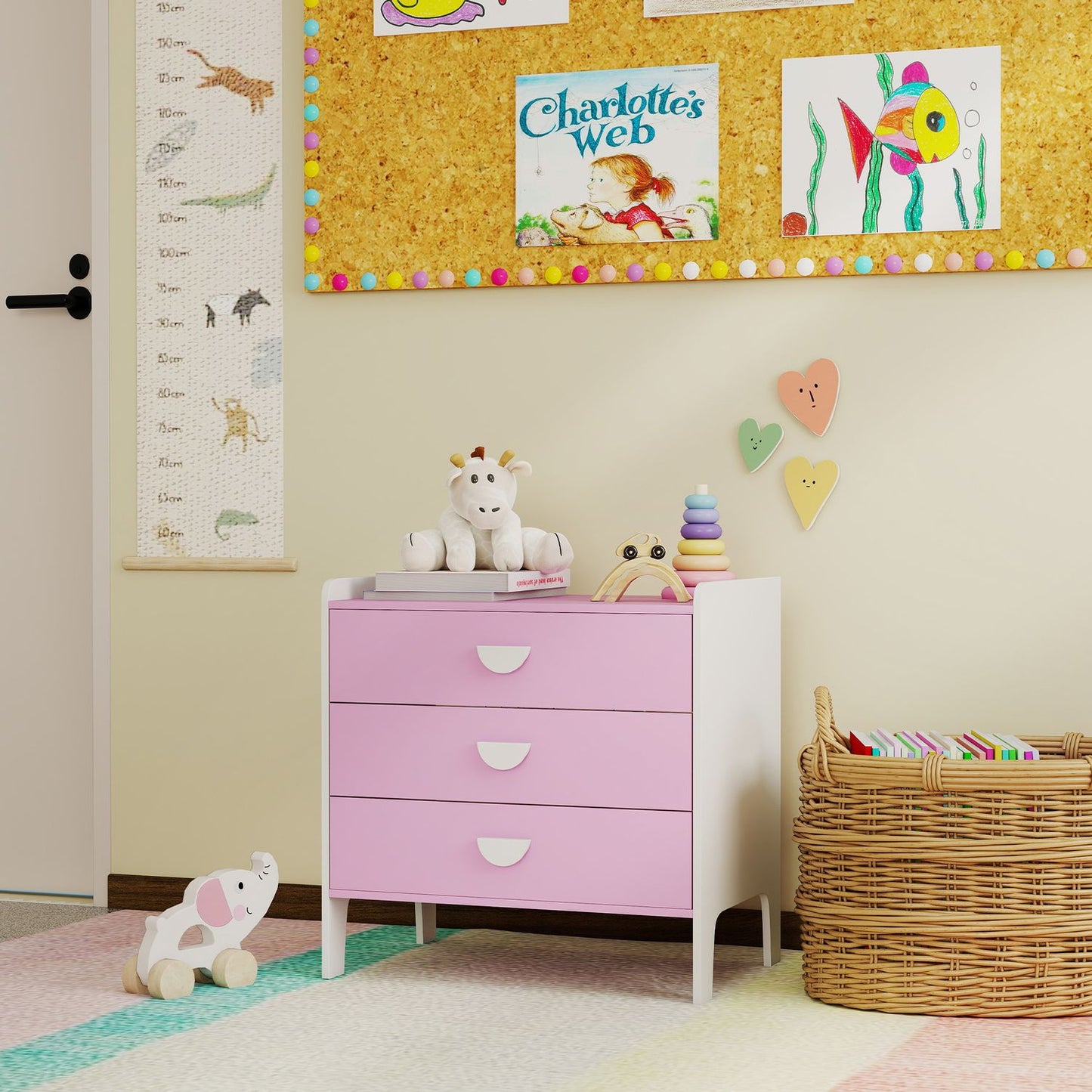 Kids' Dresser with 3 Drawers, MDF, Pink and White
