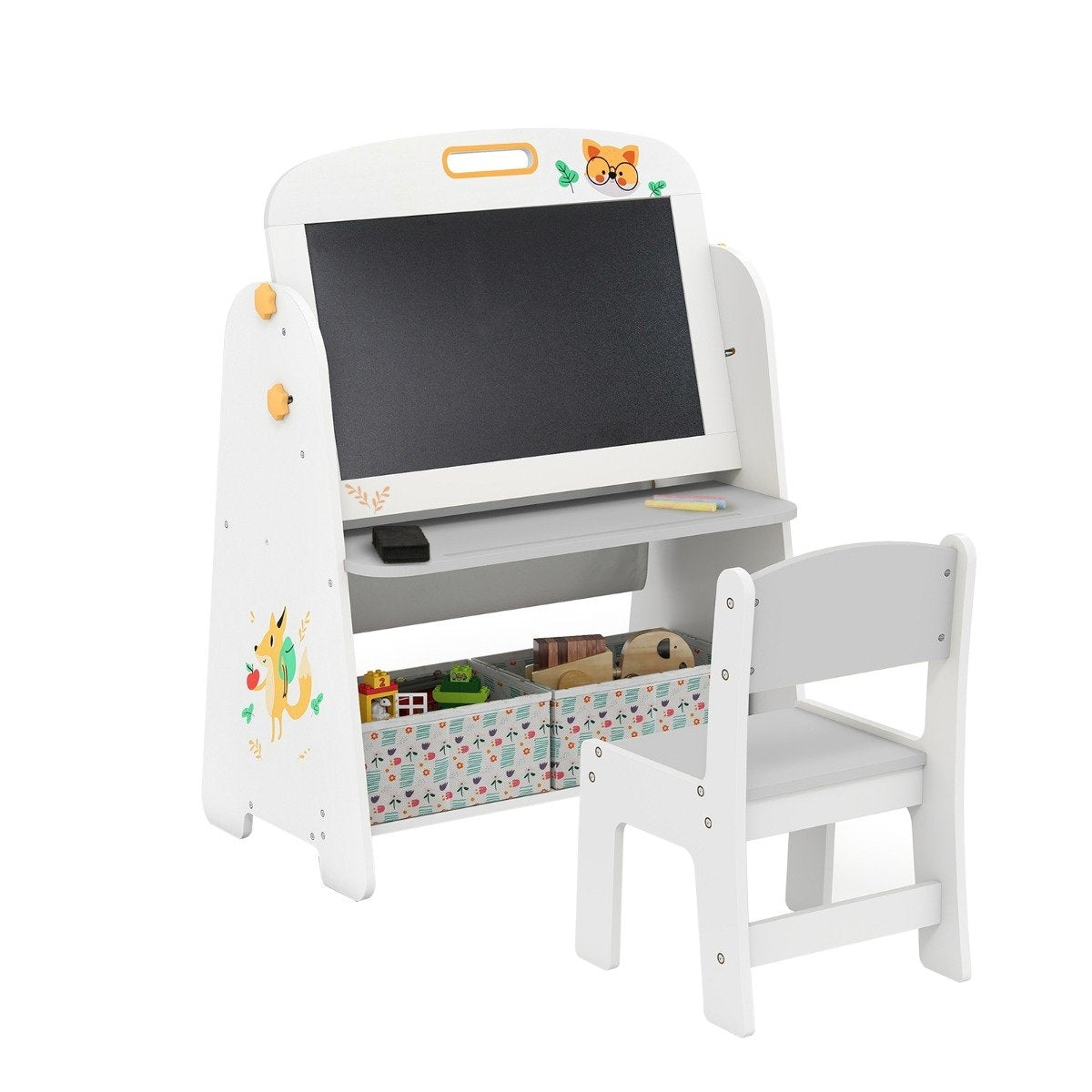 Kids Easel with Chair – Magnetic & Chalkboard, Storage