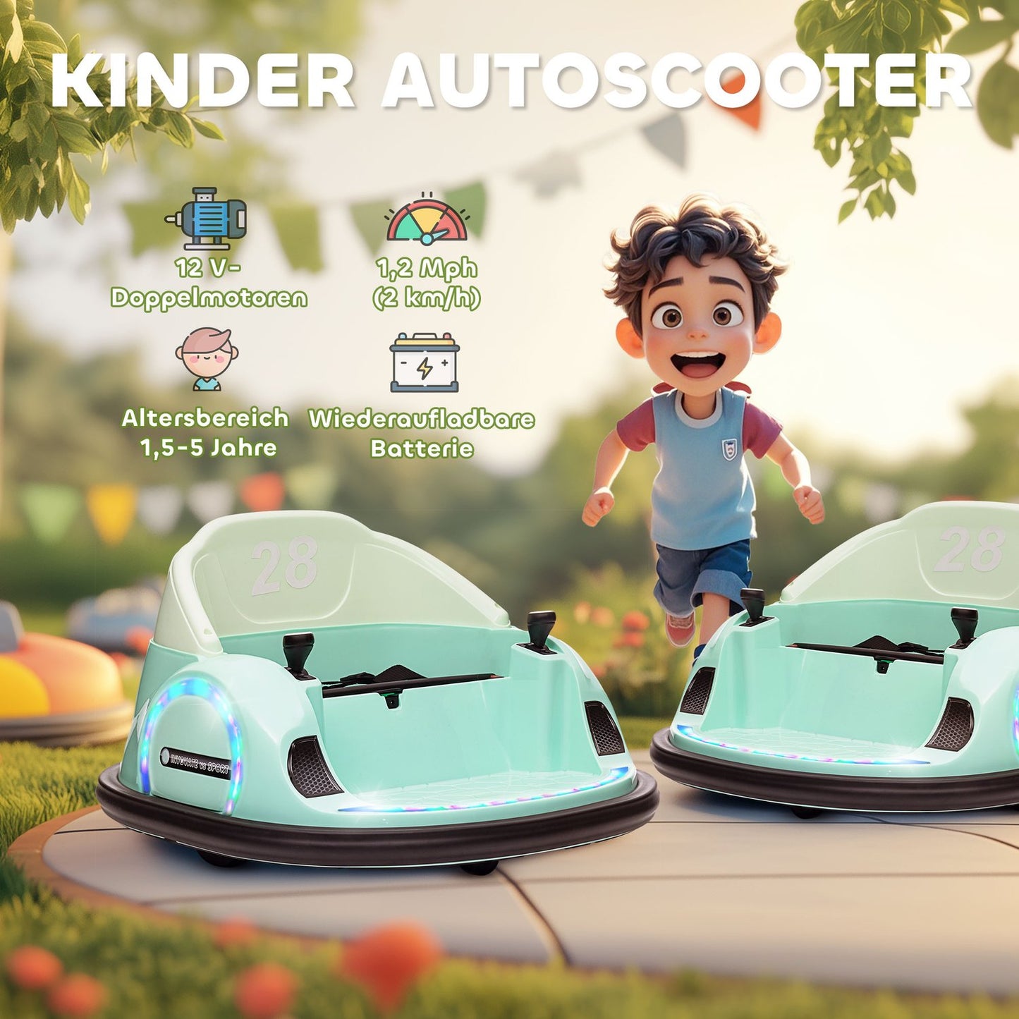 Kids Electric Bumper Car, 360° Spin, 2 km/h, Green