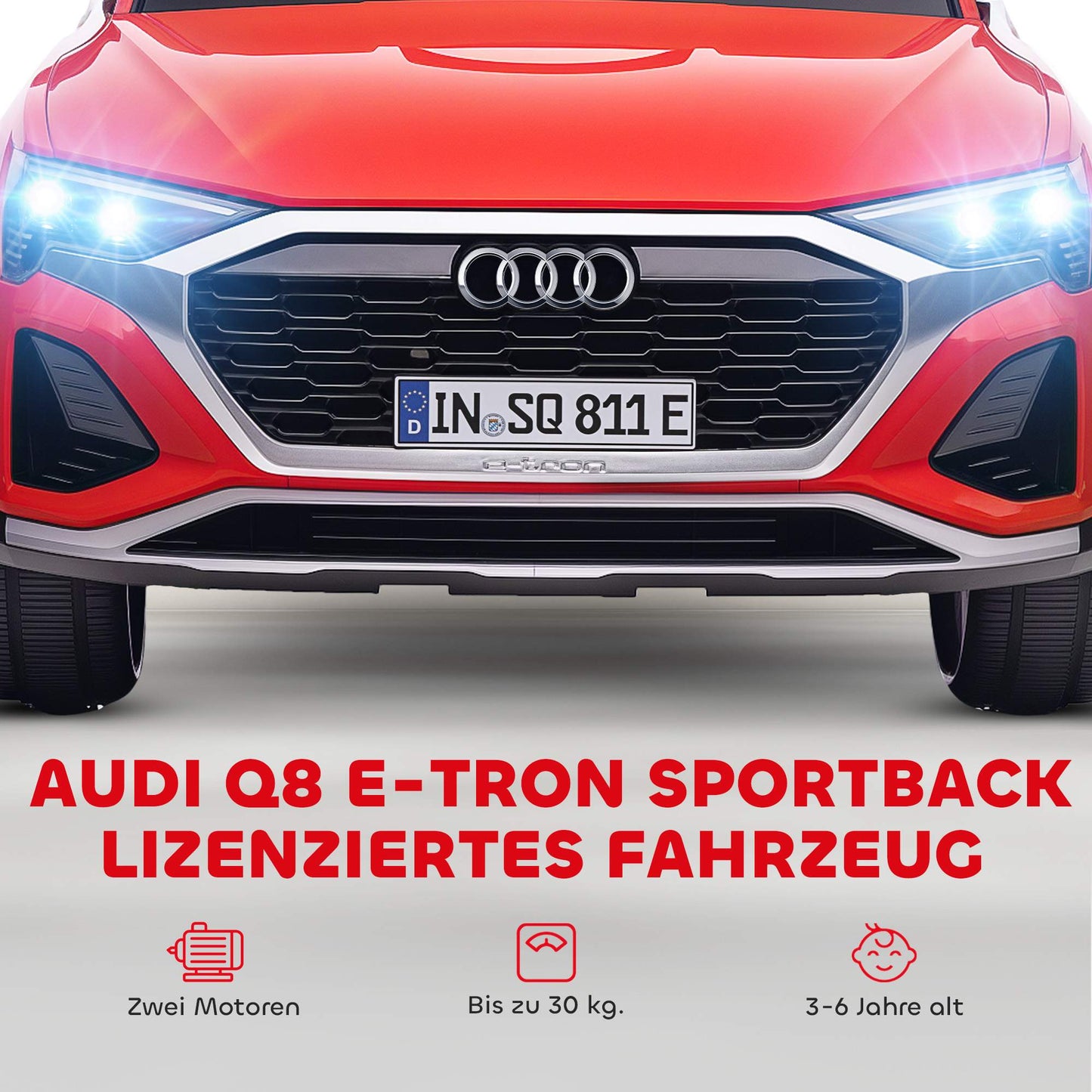 Kids' Electric Car, 12V Audi Q8, Remote, Lights, Music, Red
