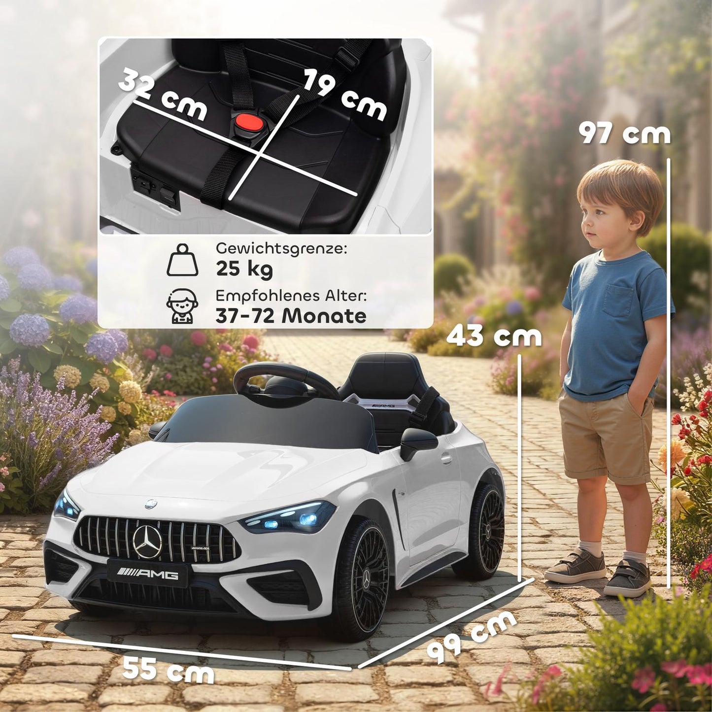 Kids Electric Car, Mercedes Design, 12V, Remote, LED, White