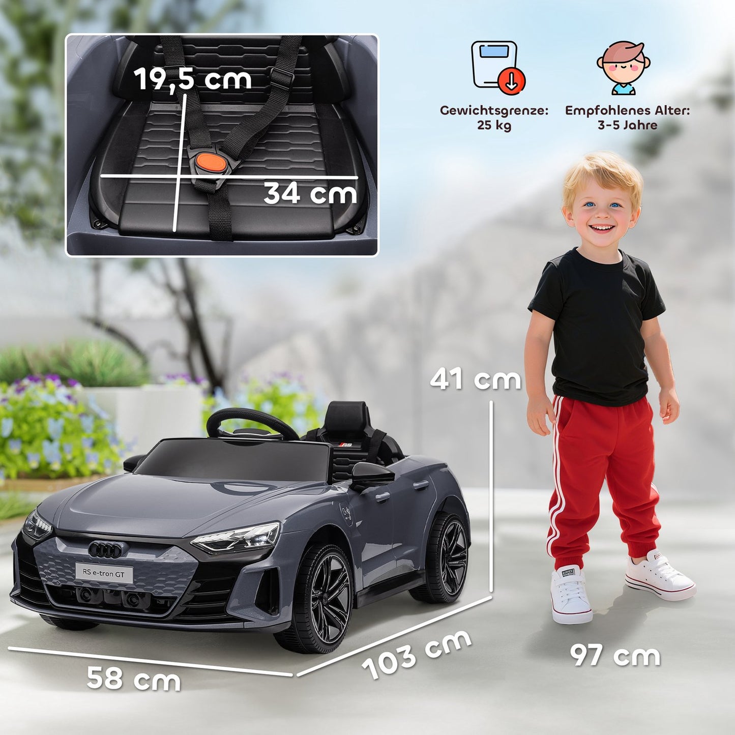 Kids' Electric Car with Remote, Seatbelt, Music, Gray