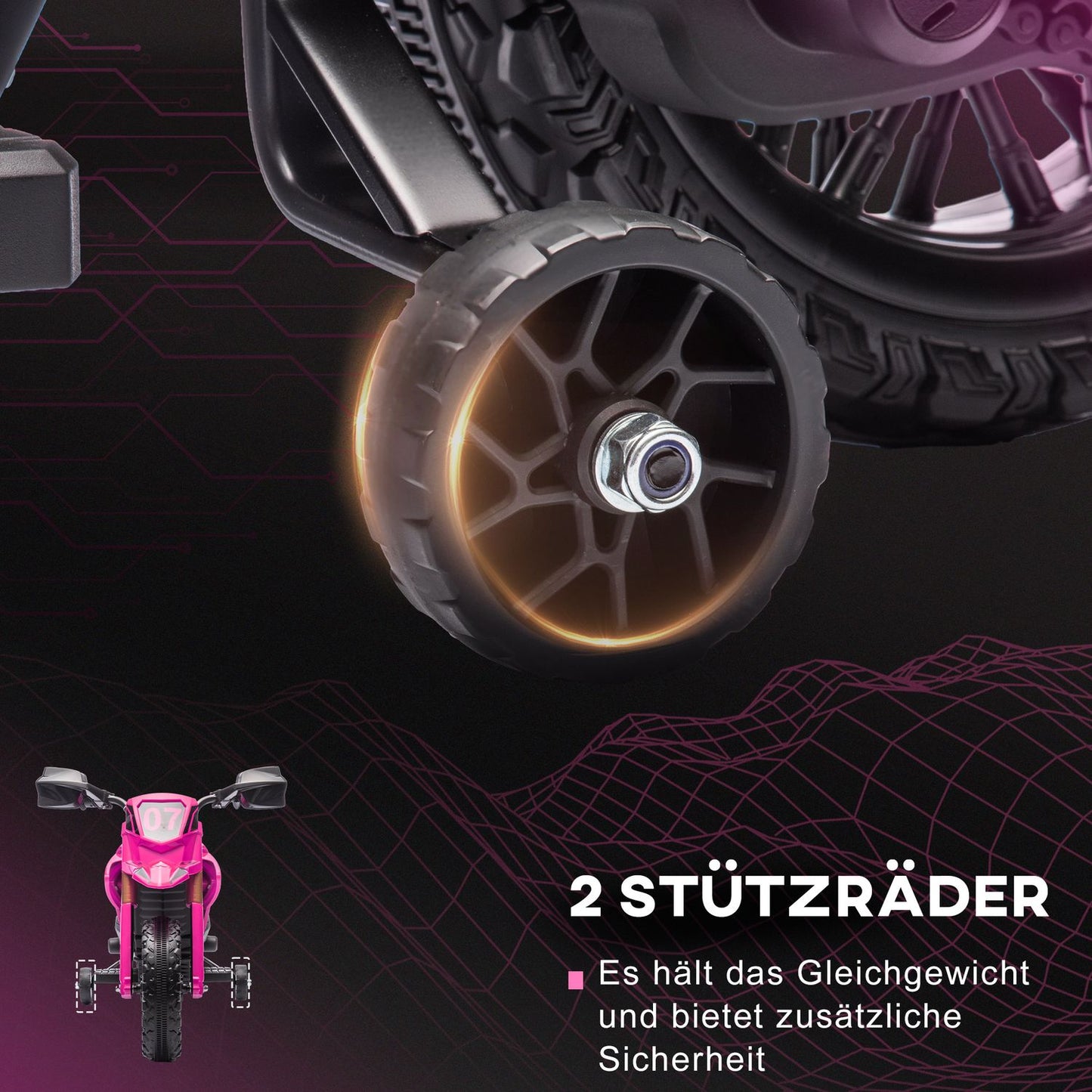 Kids' Electric Motorcycle, 12V, Pink, with Training Wheels