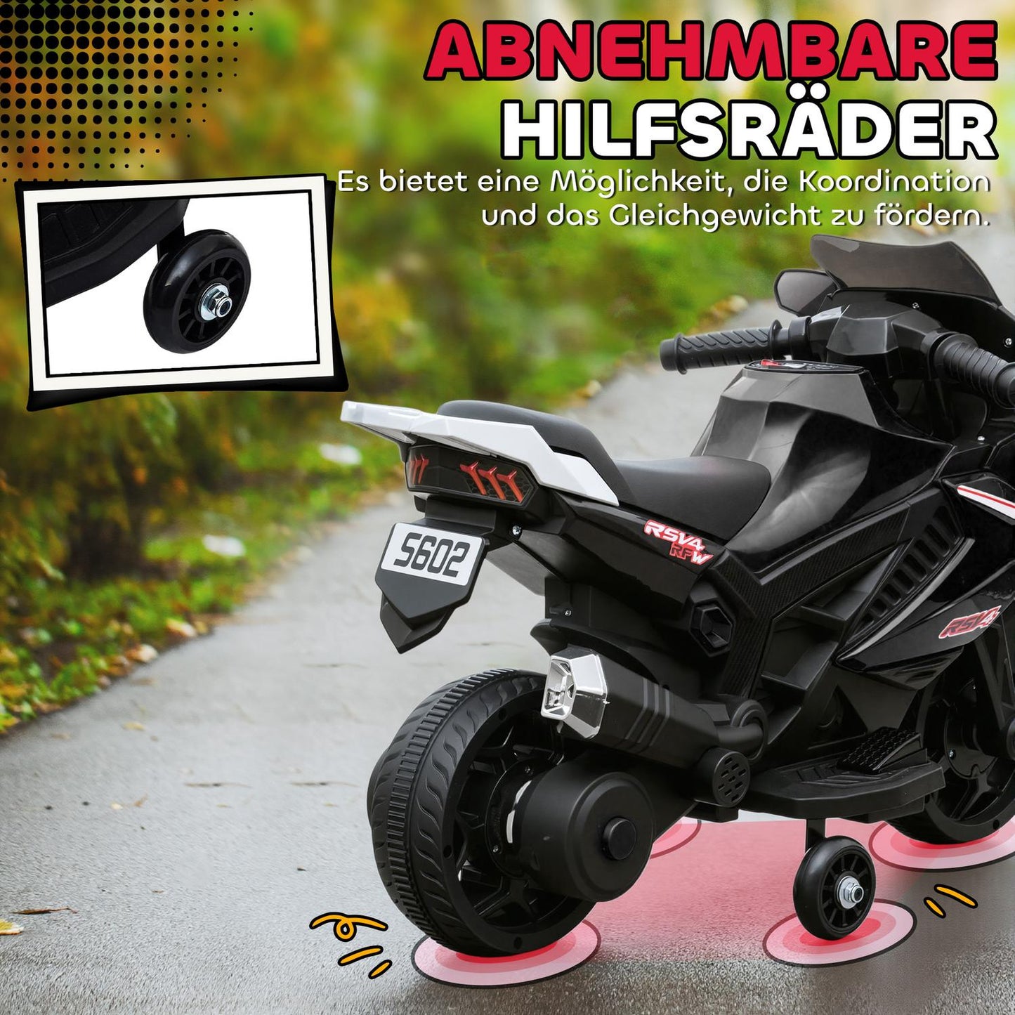 Kids Electric Motorcycle, Horn, Headlights, Music, Black