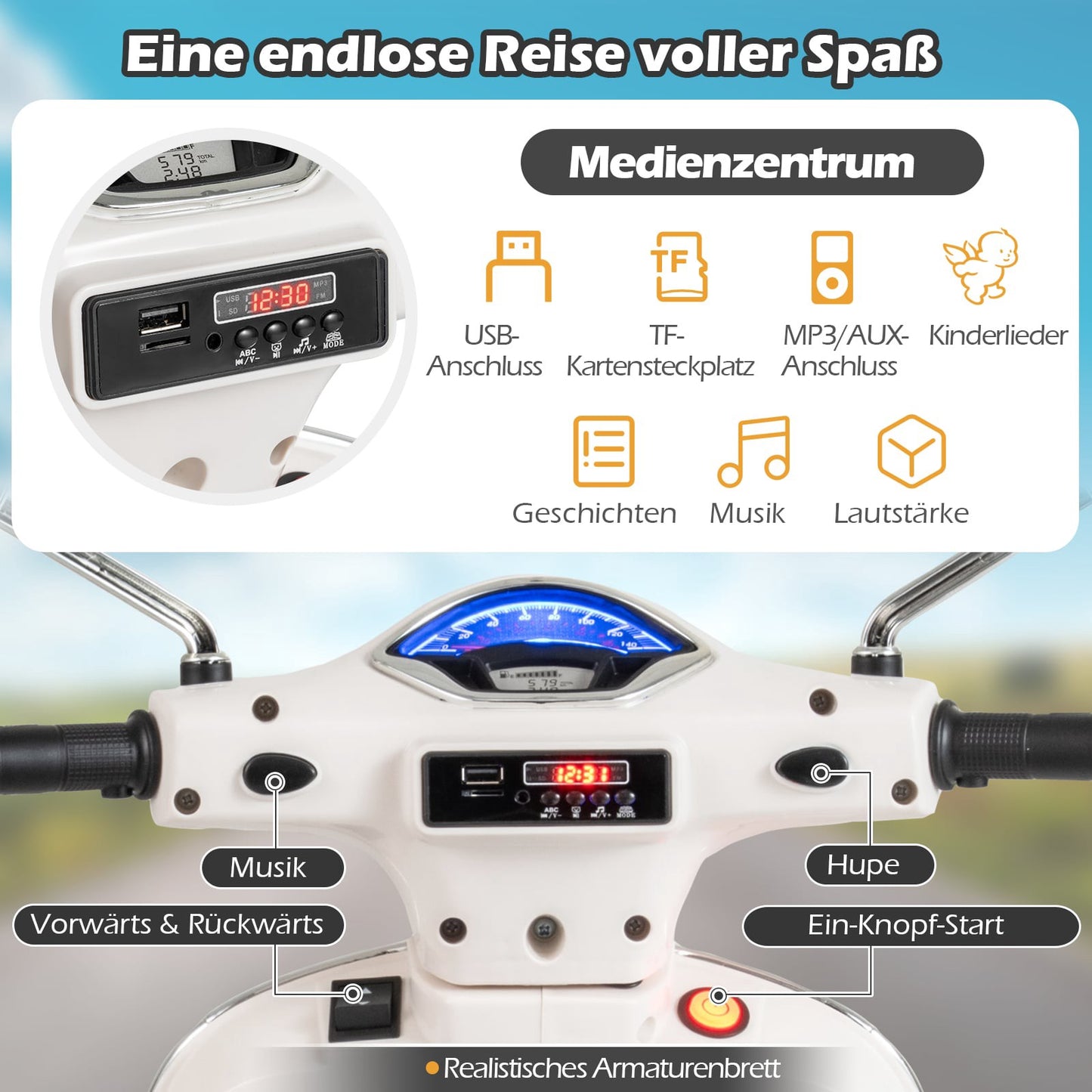 Kids Electric Motorcycle with LED Lights, Horn – White