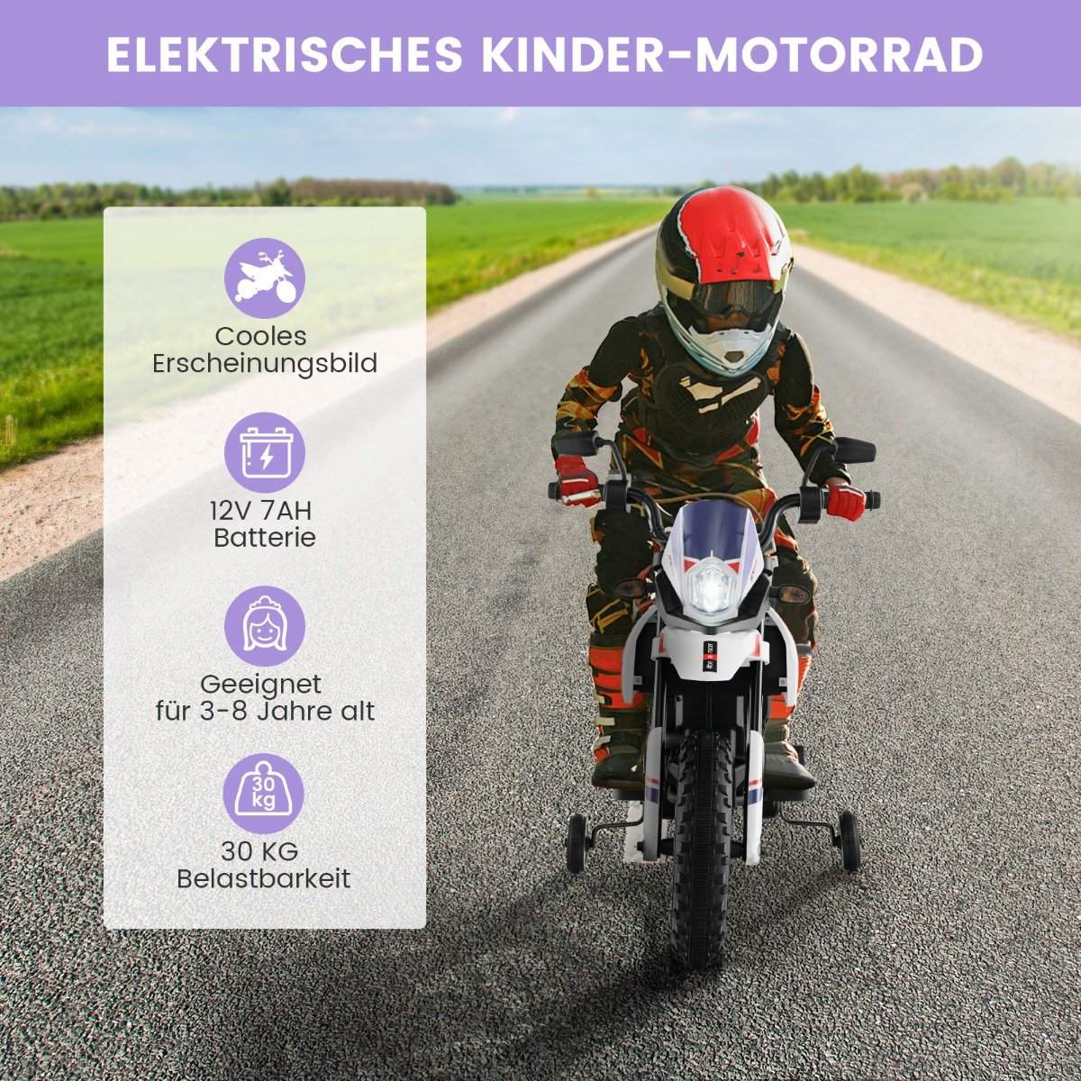 Kids Electric Motorcycle with Training Wheels, Music, 12V Battery