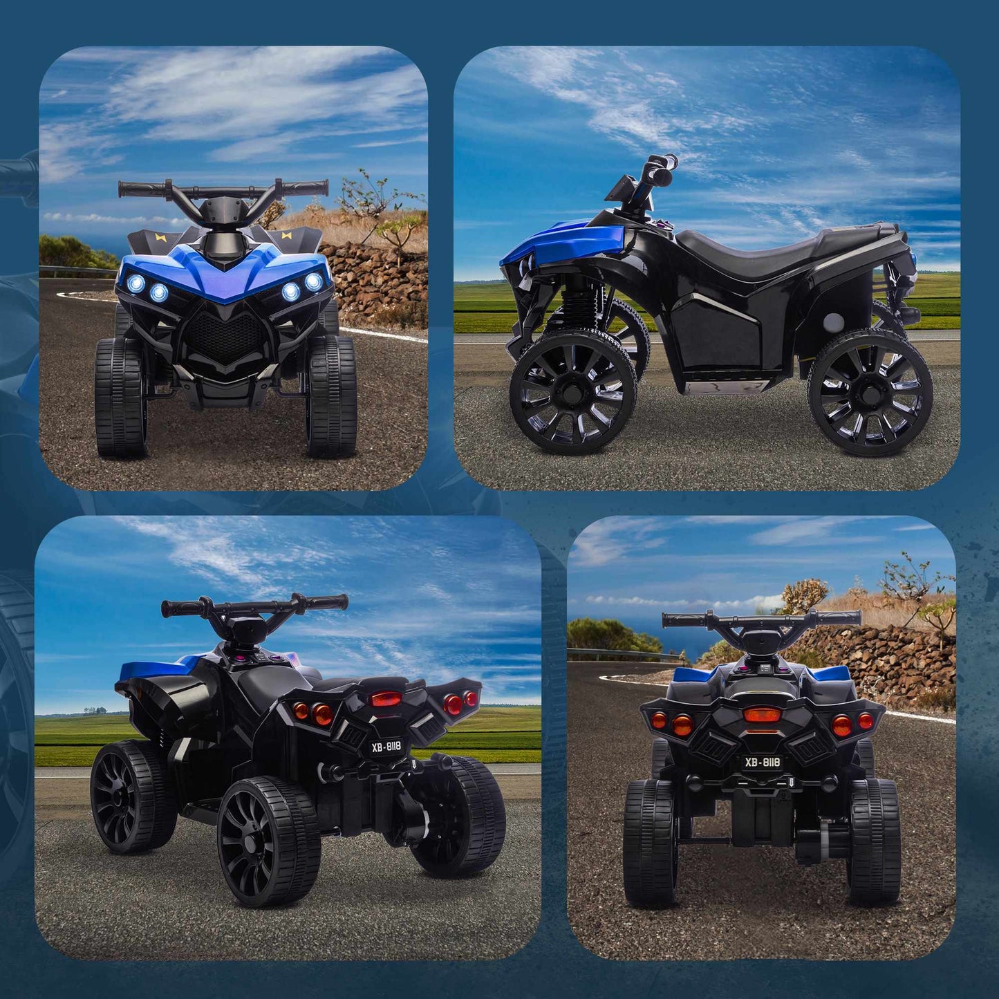 Kids Electric Quad Bike, 6V Motor, Music & Lights, Blue