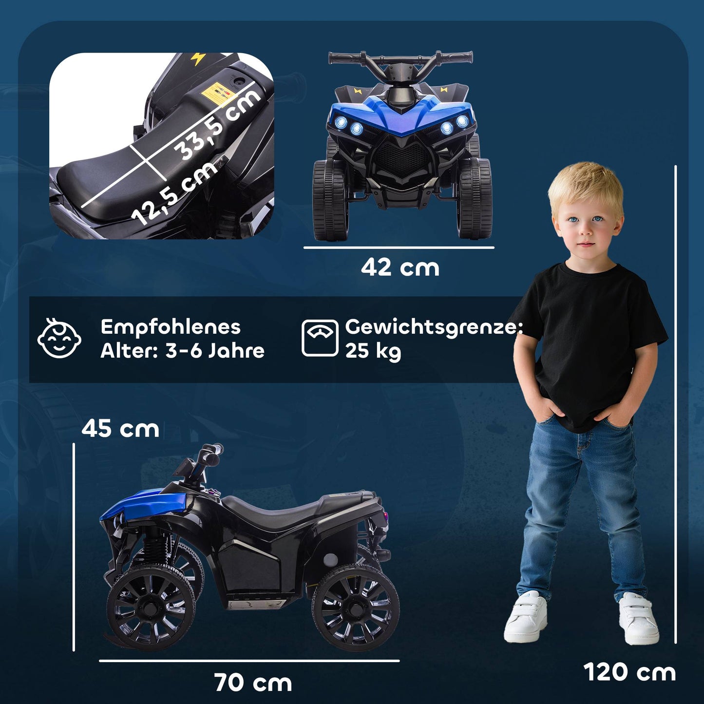 Kids Electric Quad Bike, 6V Motor, Music & Lights, Blue
