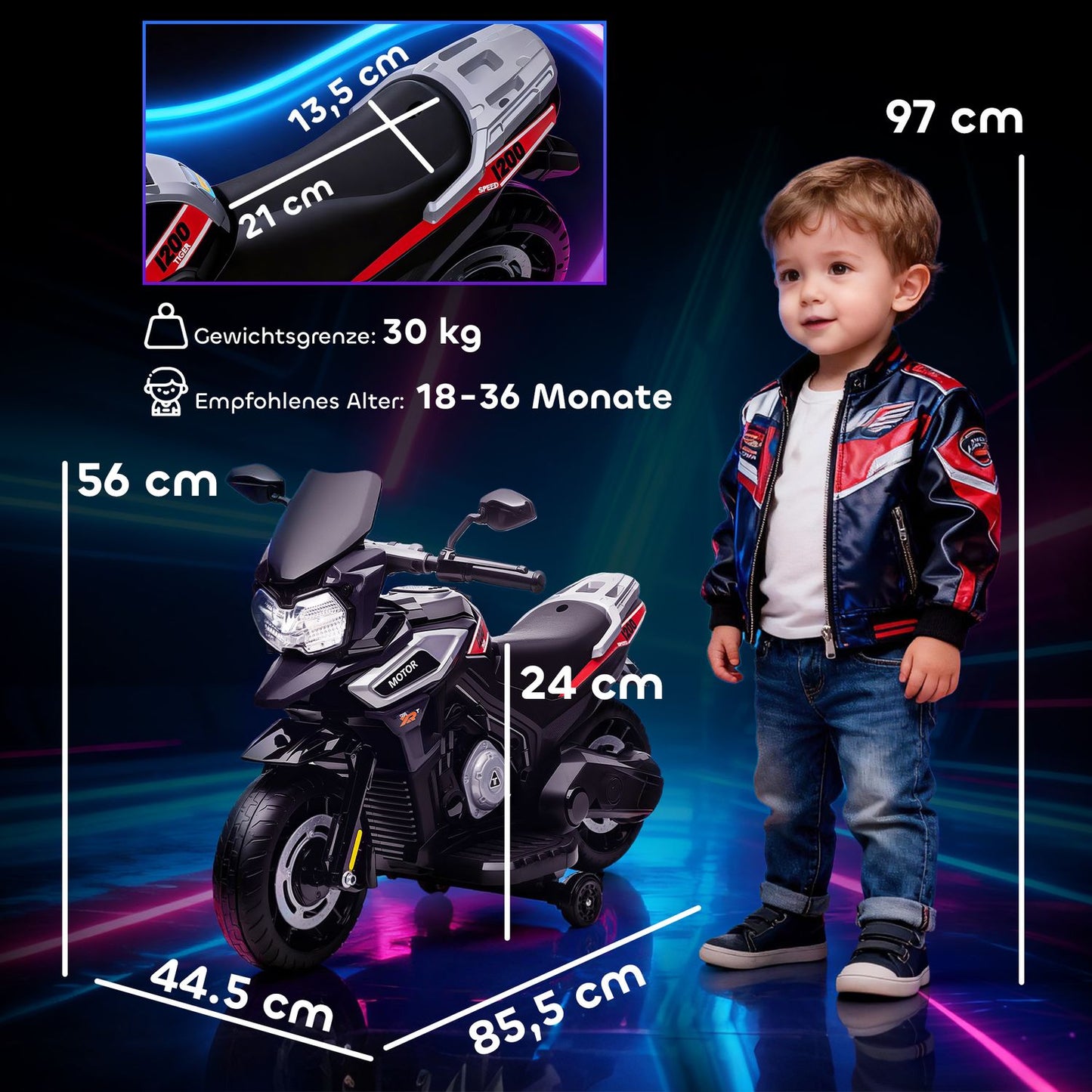 Kids Electric Ride-On Motorcycle, 18-36 Months, Black