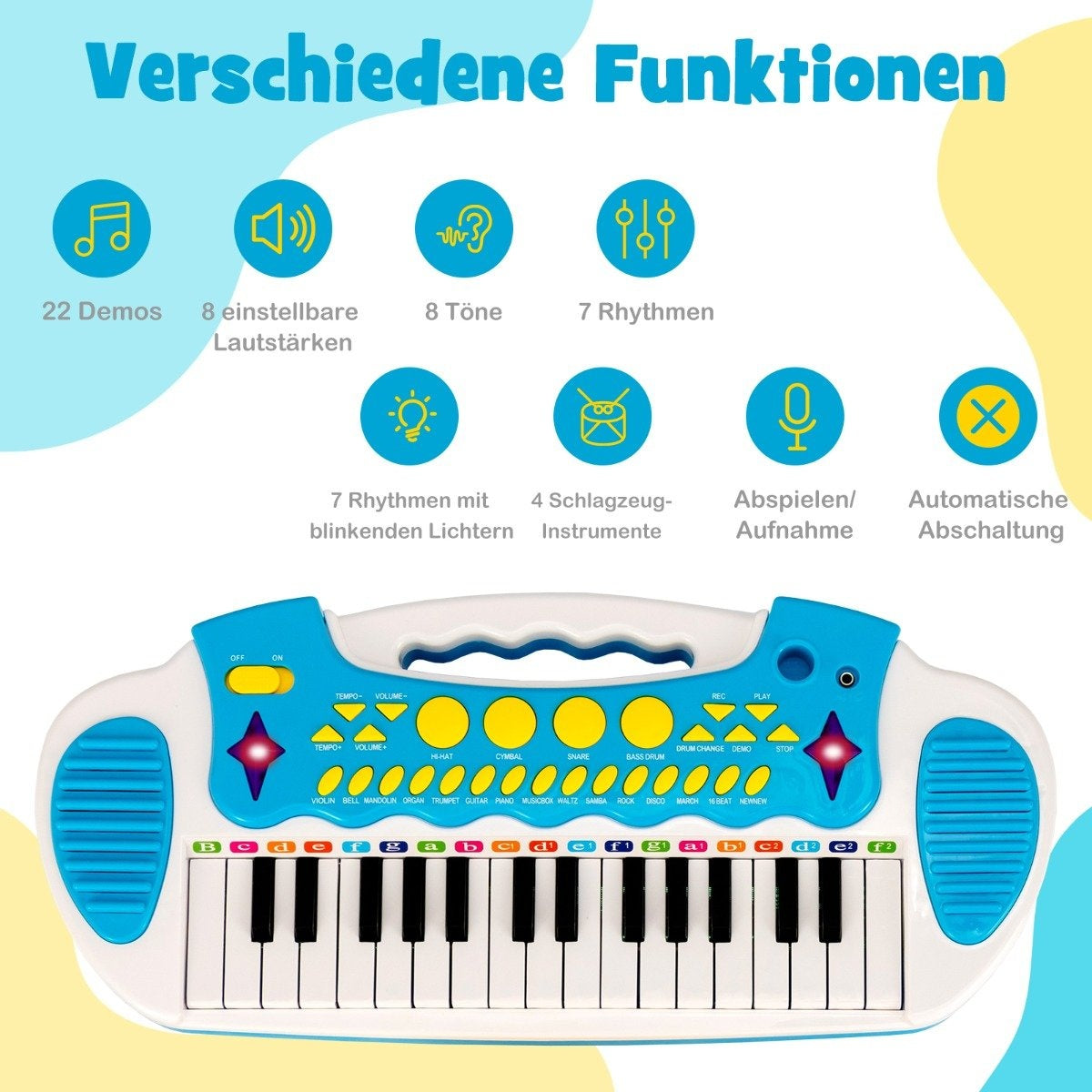 Kids Electronic Keyboard with Stool & Mic, 31 Keys, Blue