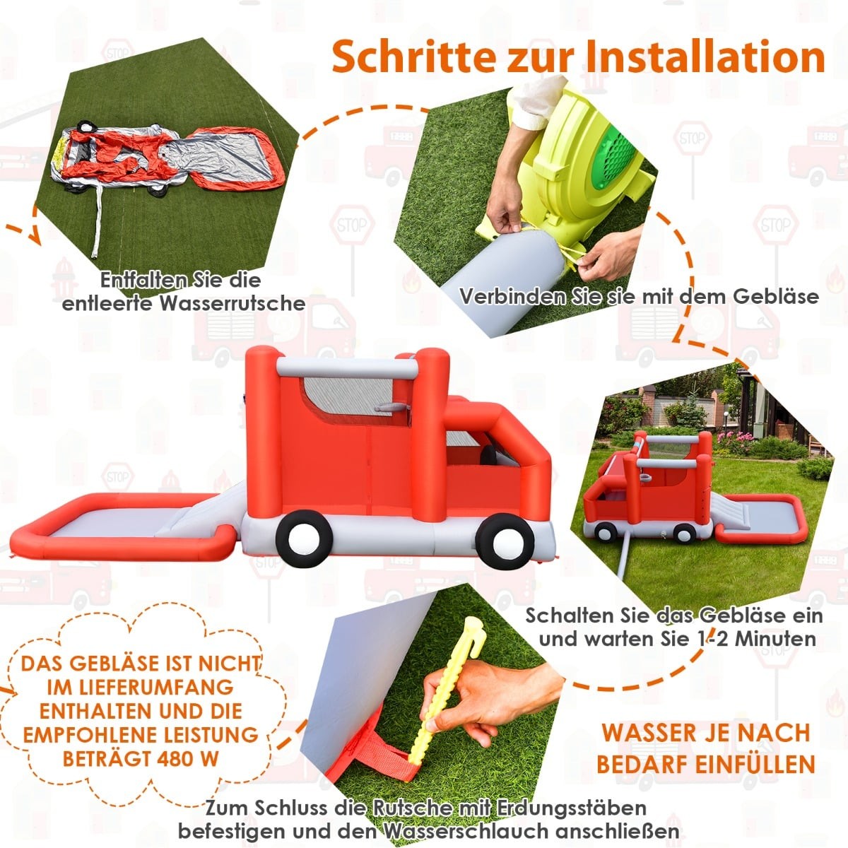 Kids Fire Truck Water Slide with Splash Pool, 564 x 268 x 212 cm
