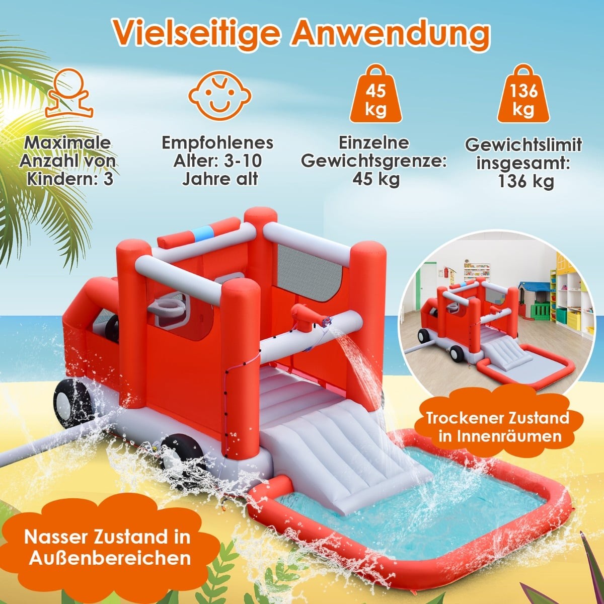Kids Fire Truck Water Slide with Splash Pool, 564 x 268 x 212 cm